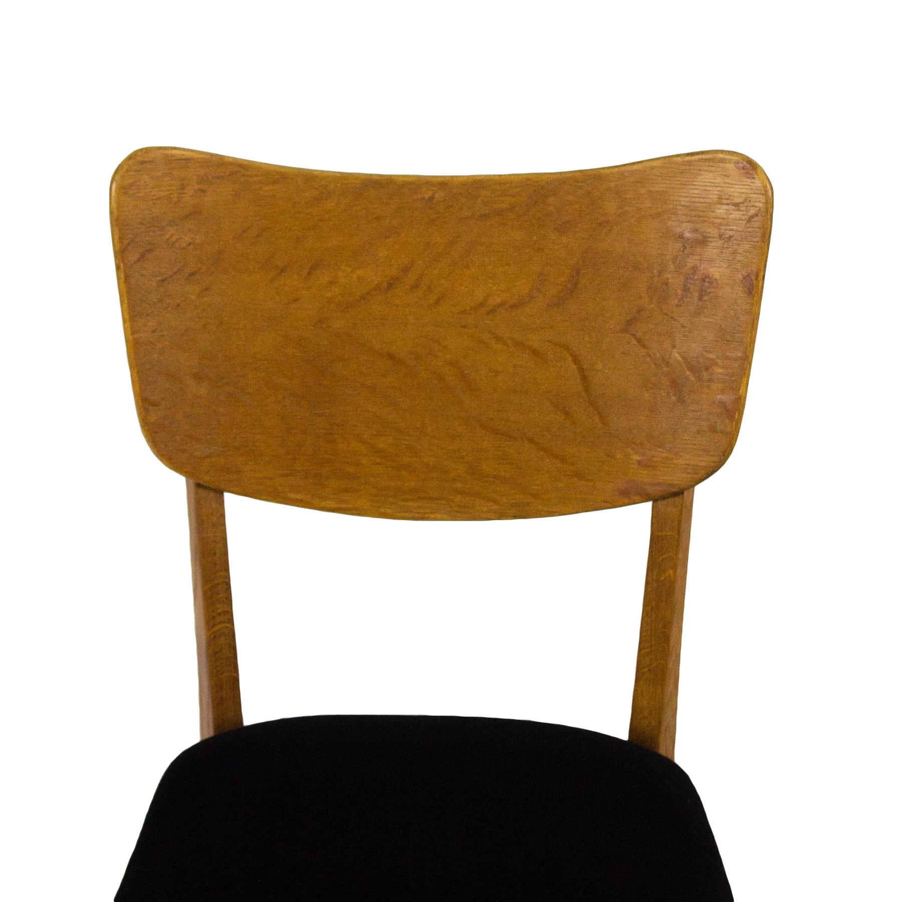 1950s Set of Six Chairs, Solid Oak and Oak Veneer, Black Wool, France 2