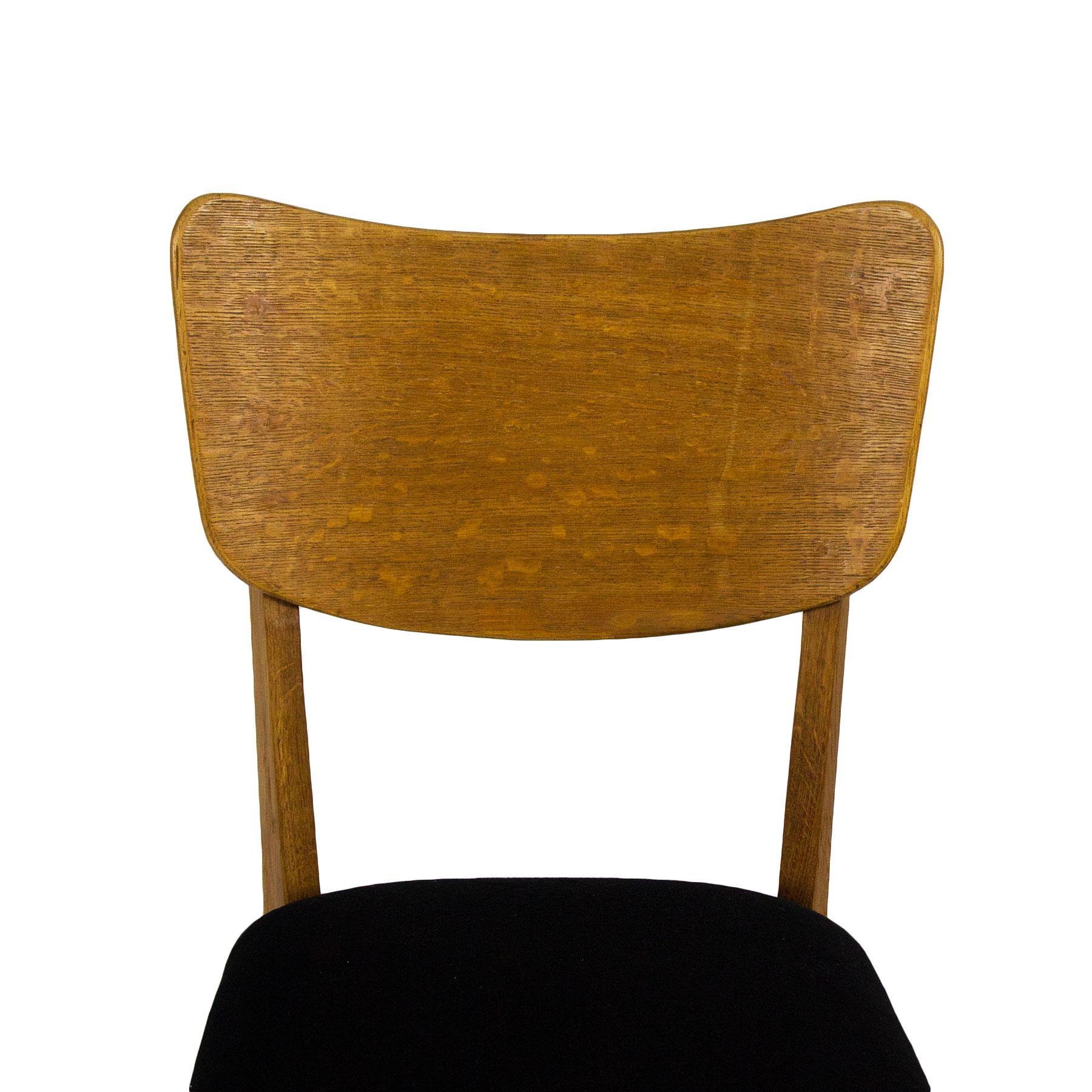 1950s Set of Six Chairs, Solid Oak and Oak Veneer, Black Wool, France 3