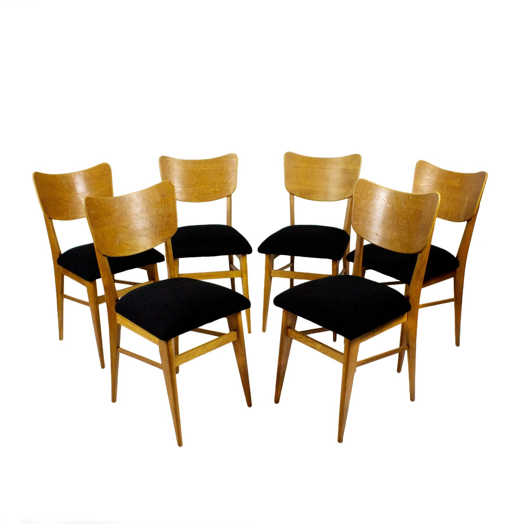 1950s Set of Six Chairs, Solid Oak and Oak Veneer, Black Wool, France
