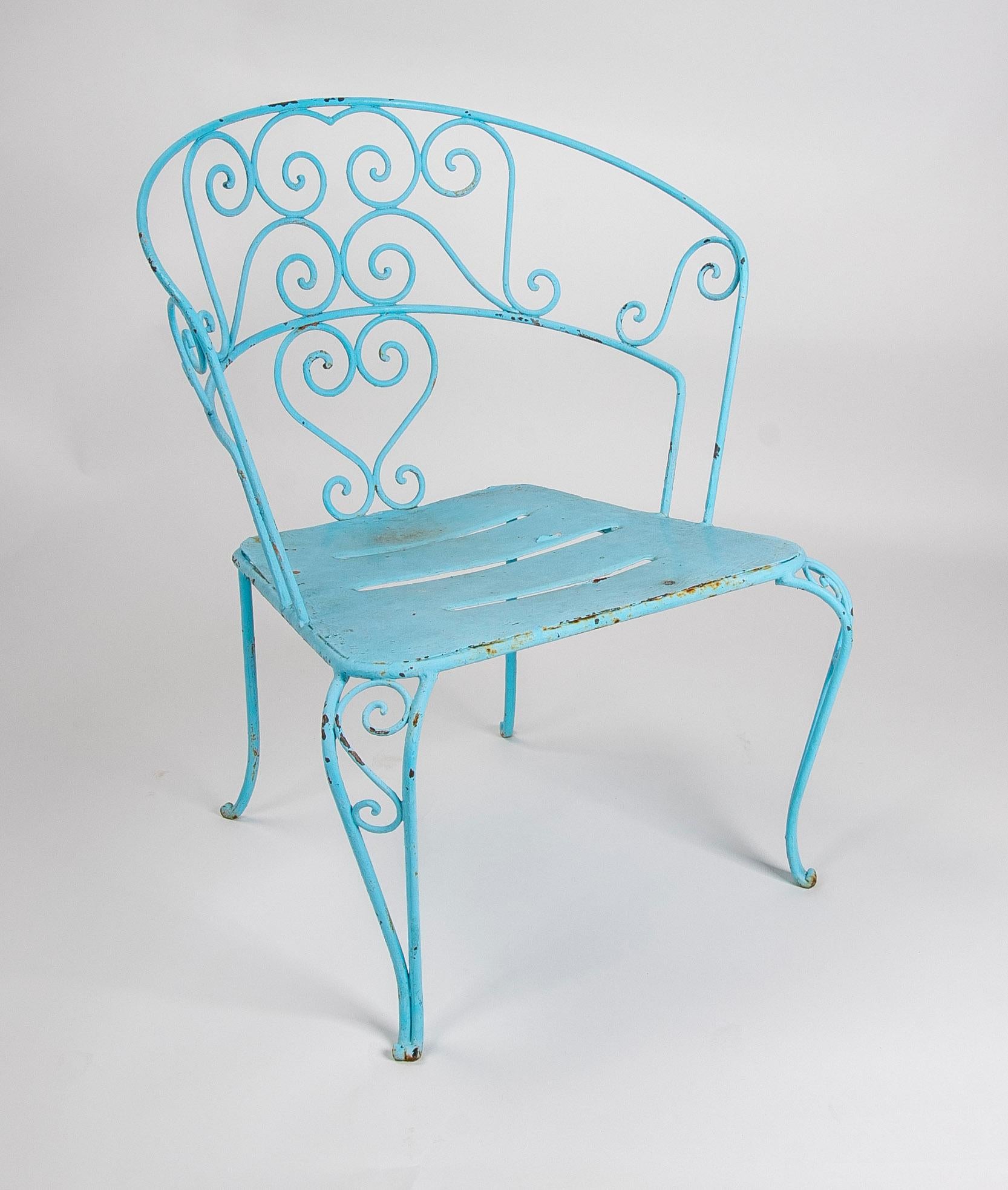 Spanish 1950s Set of Six Iron Chairs Painted in Blue For Sale