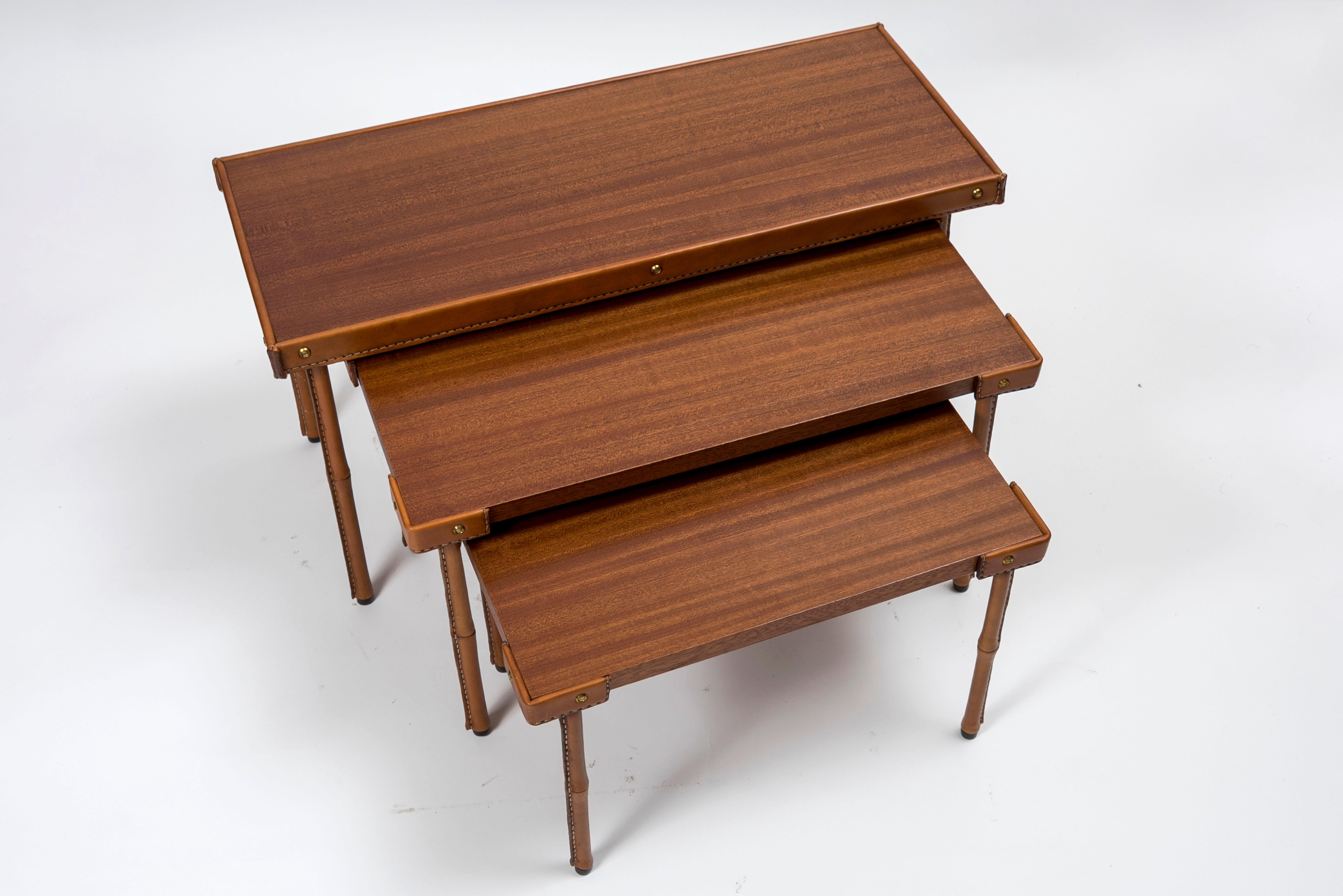 European 1950s Set of Stitched Leather Nesting Tables by Jacques Adnet