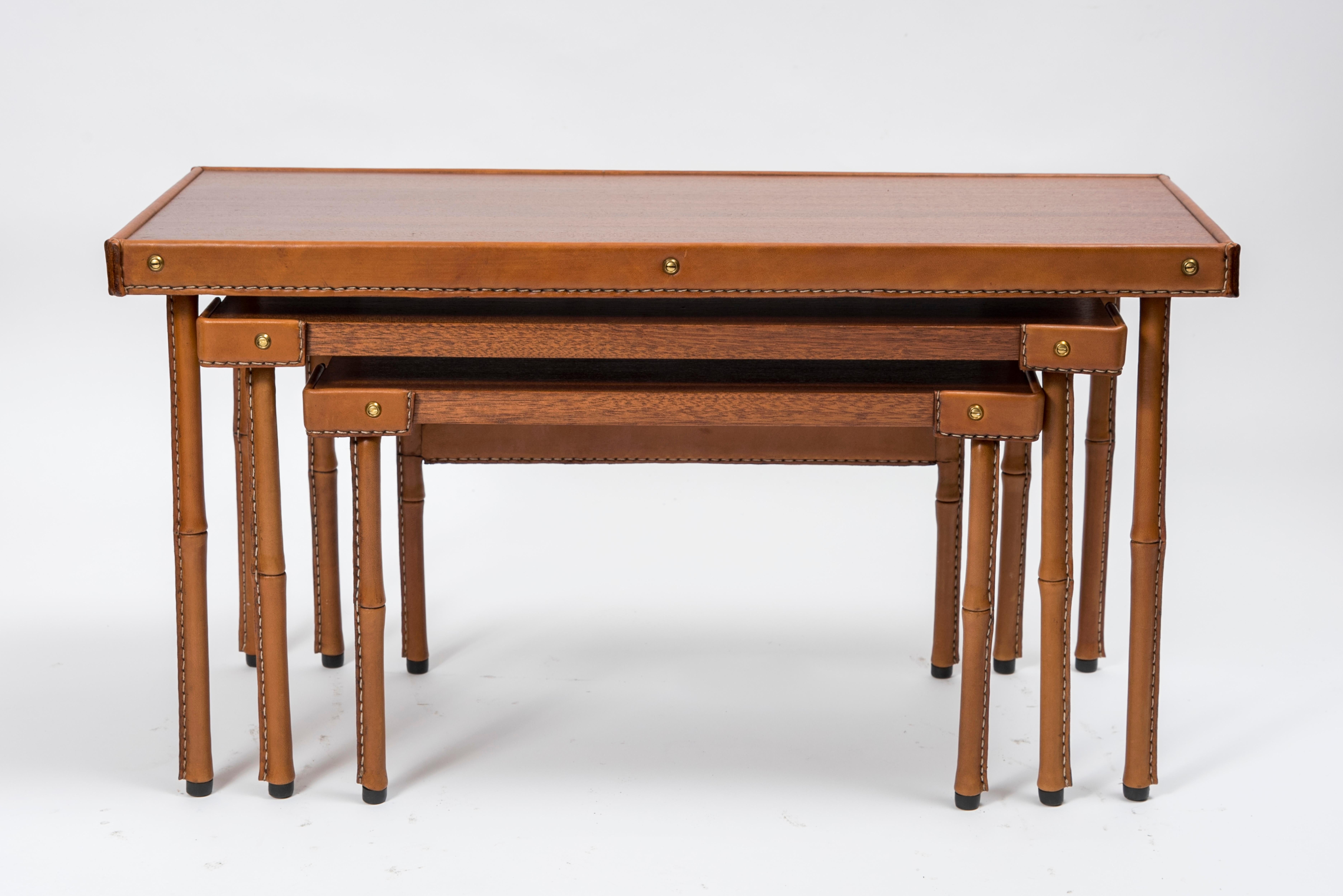 Mid-20th Century 1950s Set of Stitched Leather Nesting Tables by Jacques Adnet