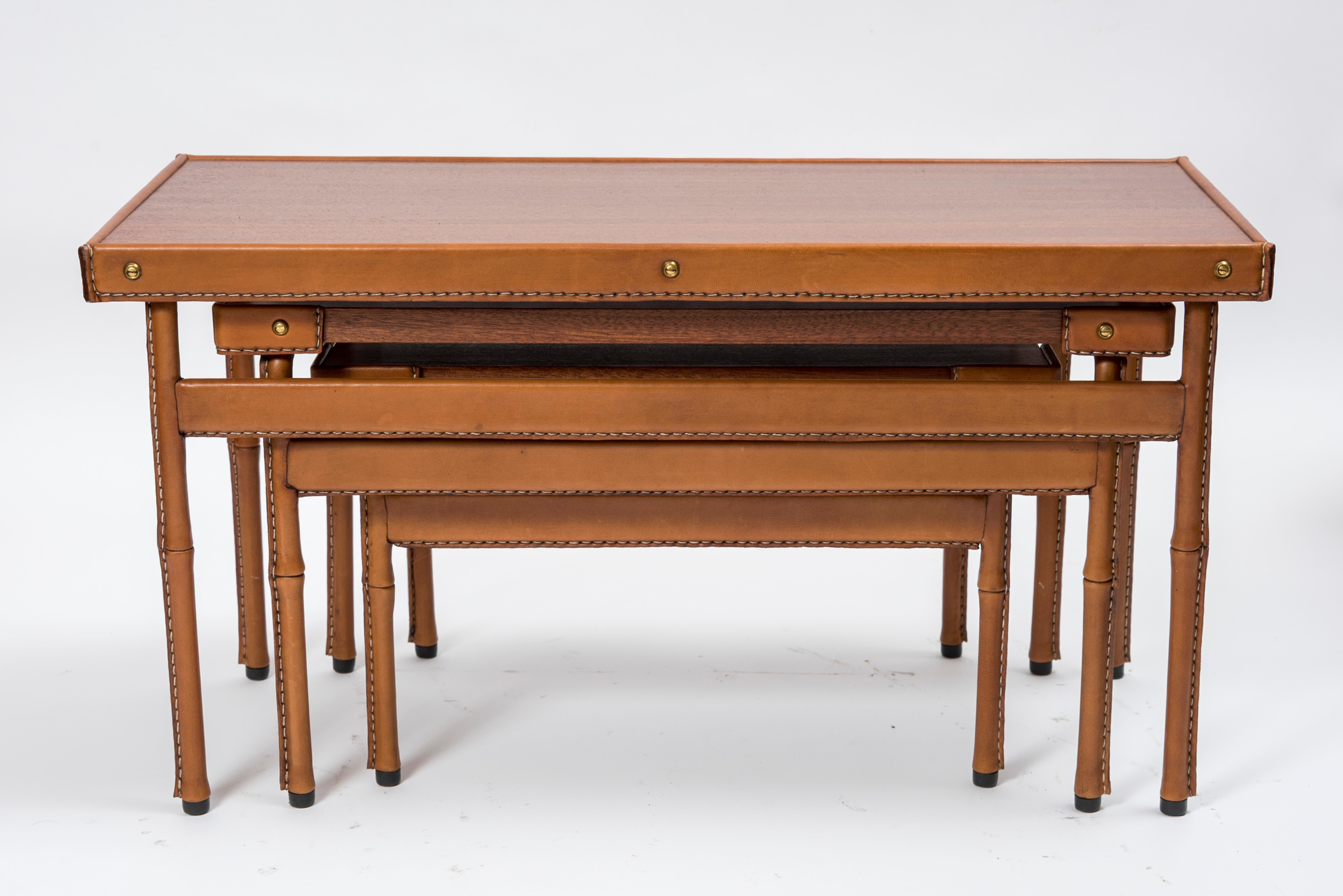 1950s Set of Stitched Leather Nesting Tables by Jacques Adnet 2