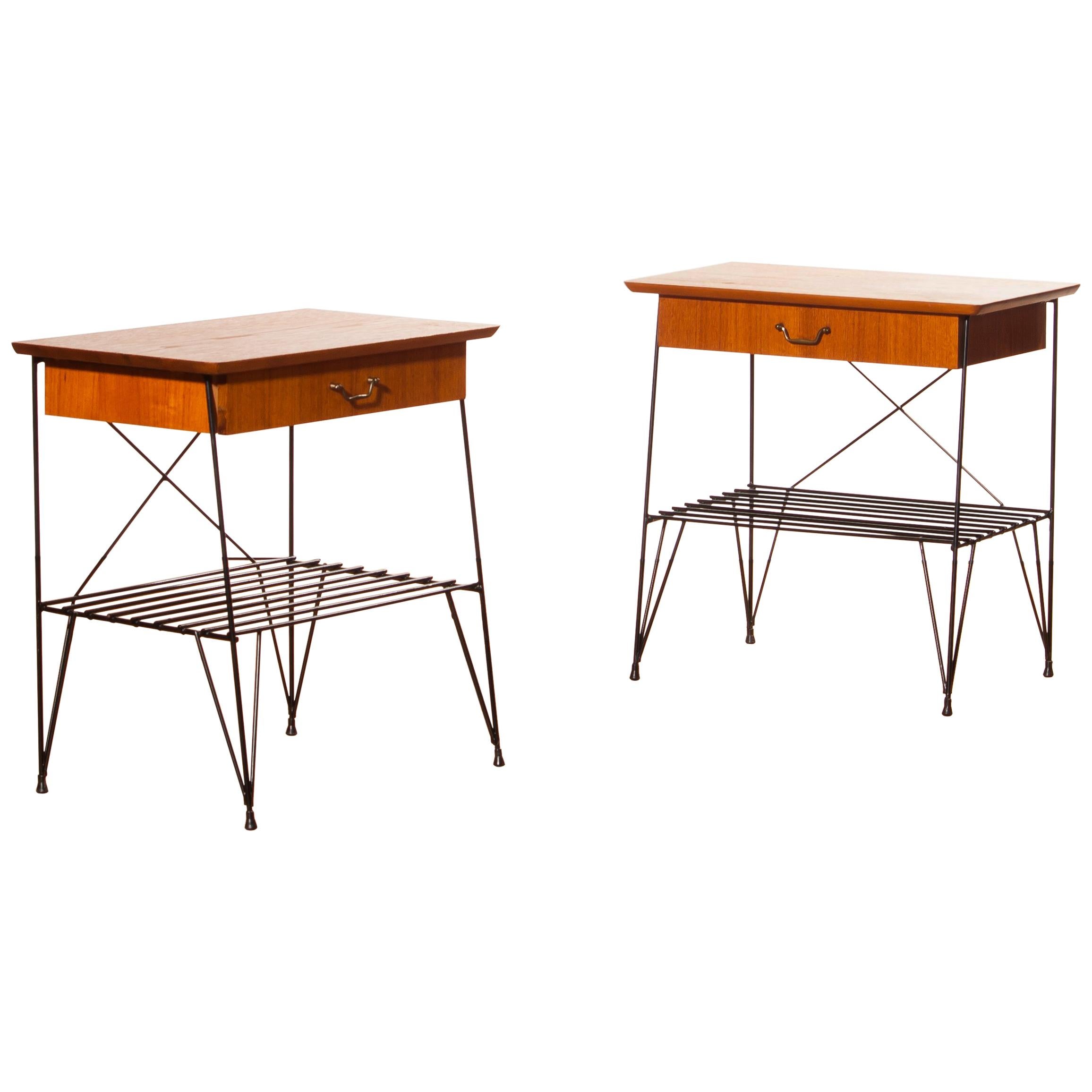 Mid-Century Modern 1950s, Set of Teak and Black Metal Gullberg Style Nightstands Bedside Tables