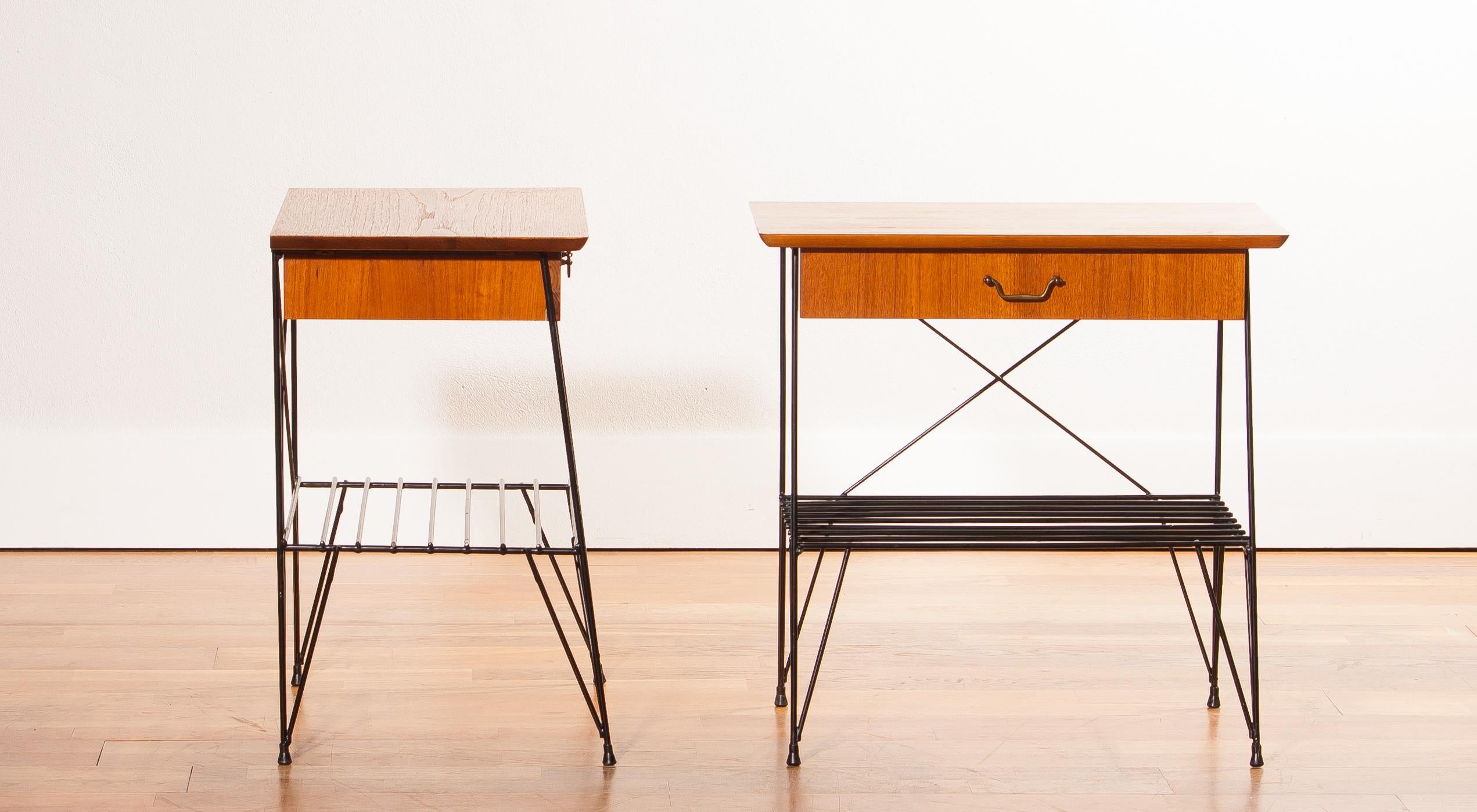 Mid-20th Century 1950s, Set of Teak and Black Metal Gullberg Style Nightstands Bedside Tables