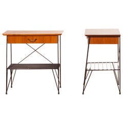 1950s, Set of Teak and Black Metal Nightstands Bedside Tables