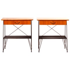 metal bedside table 1950s, Set of Teak and Black Metal Nightstands Bedside Tables