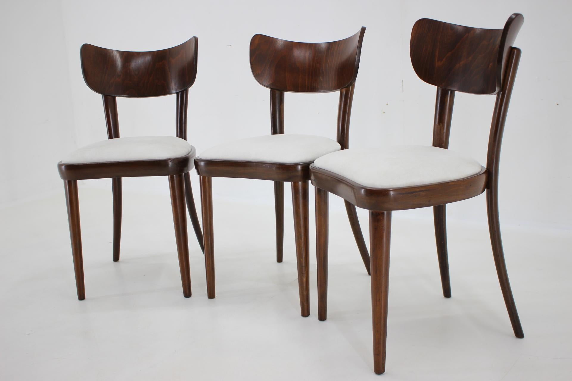 1950s Set of Three Restored Beech Dining Chairs, Czechoslovakia In Good Condition For Sale In Praha, CZ