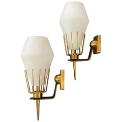 1950s Set of Two Arredoluce Brass and Glass Wall Sconces