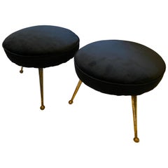 1950s Set of Two Mid-Century Modern Brass and Black Velvet Italian Poufs