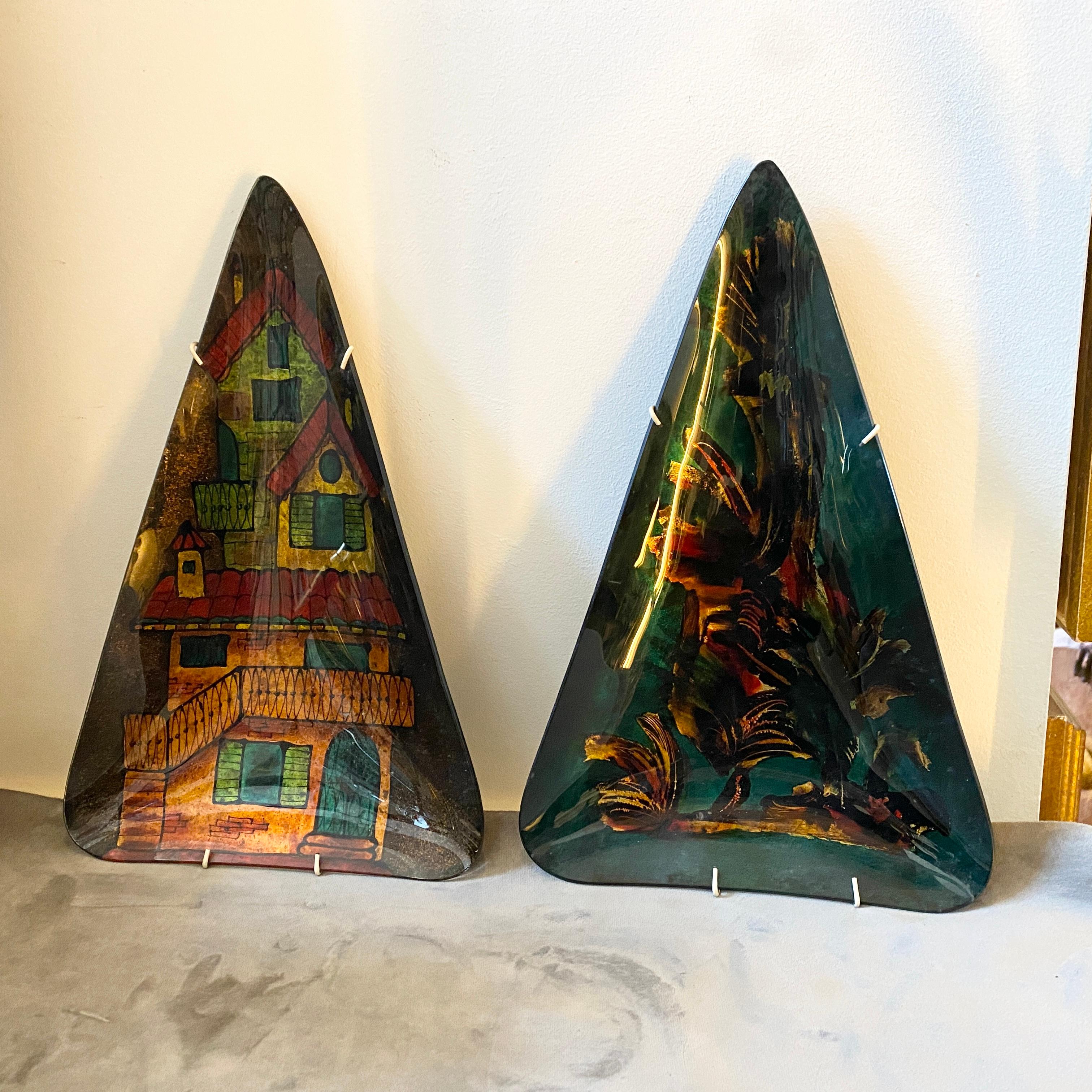 1950s, Set of Two Mid-Century Modern Paintings on Mural Triangular Glass Plates In Excellent Condition For Sale In Aci Castello, IT