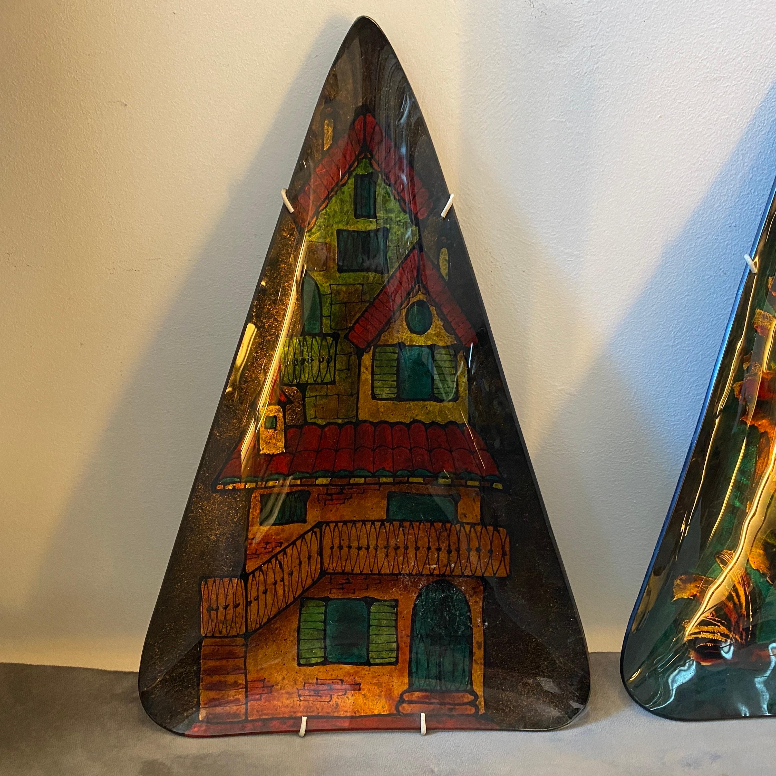 20th Century 1950s, Set of Two Mid-Century Modern Paintings on Mural Triangular Glass Plates For Sale