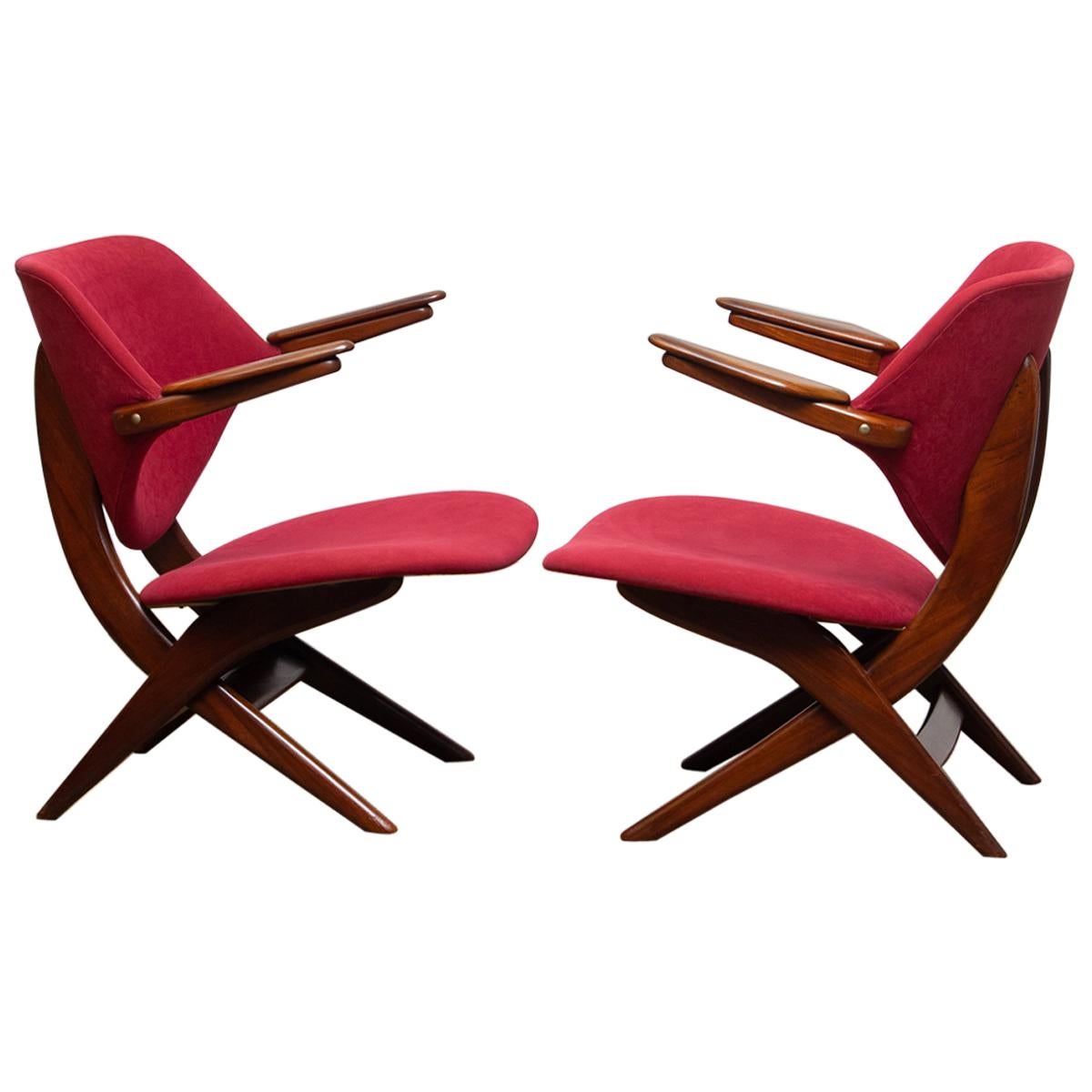 Fabric 1950s, Set of Two Teak Lounge/Easy Chairs by Louis Van Teeffelen for Wébé