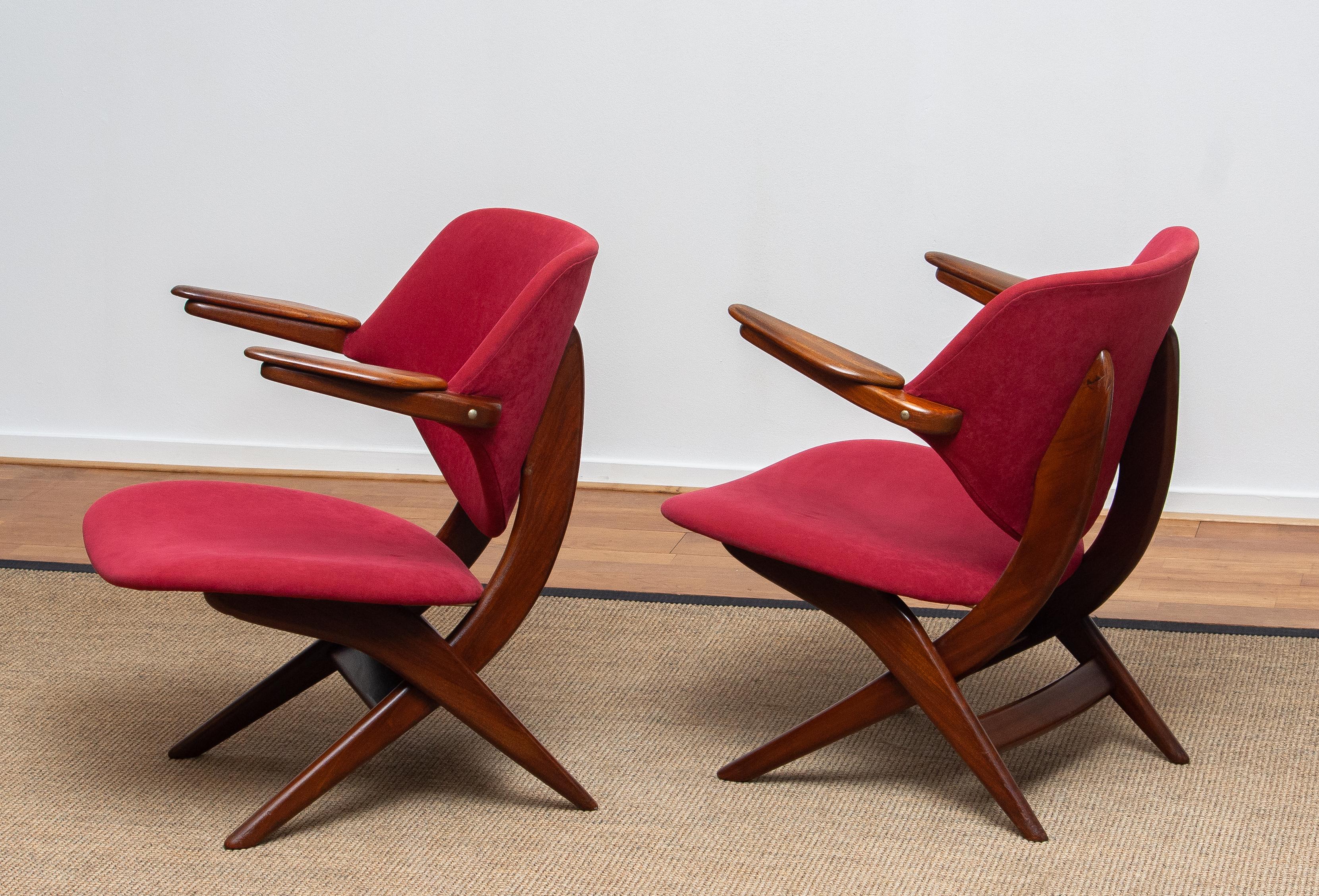 Fabric 1950s, Set of Two Teak Lounge or Easy Chairs by Louis Van Teeffelen for Wébé