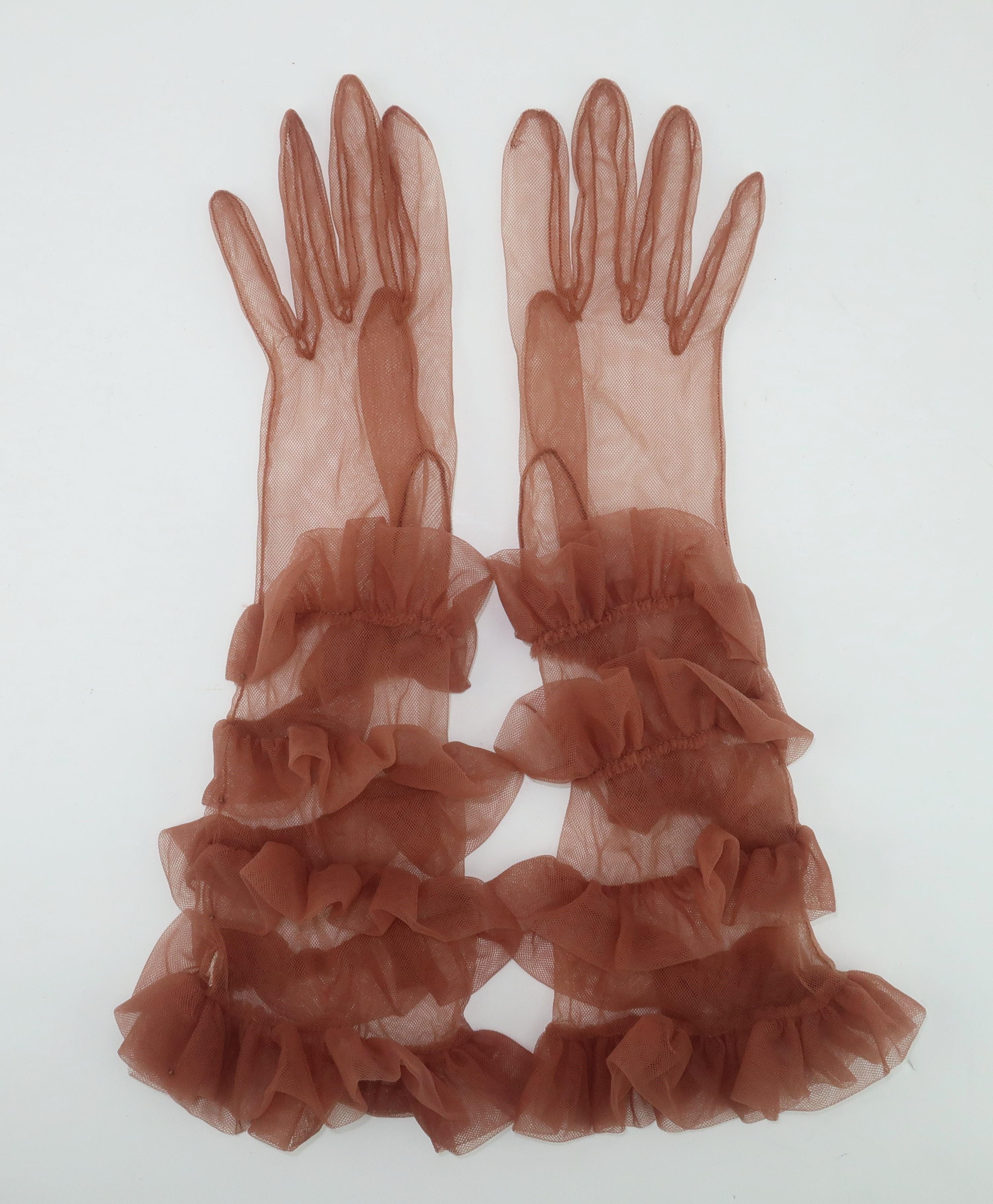 Brown 1950's Sheer Nude Long Ruffled Gloves