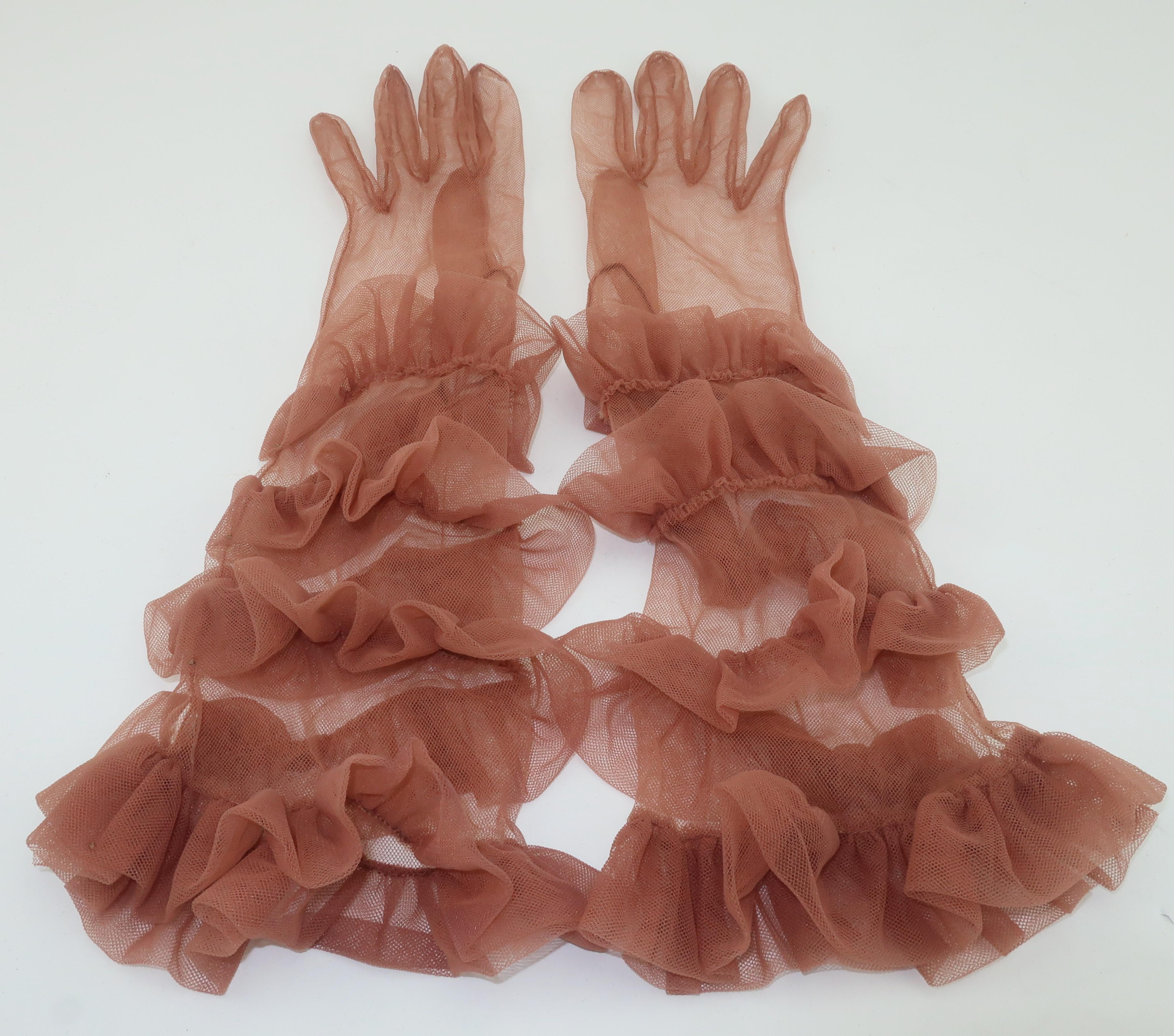 1950's Sheer Nude Long Ruffled Gloves In Good Condition In Atlanta, GA
