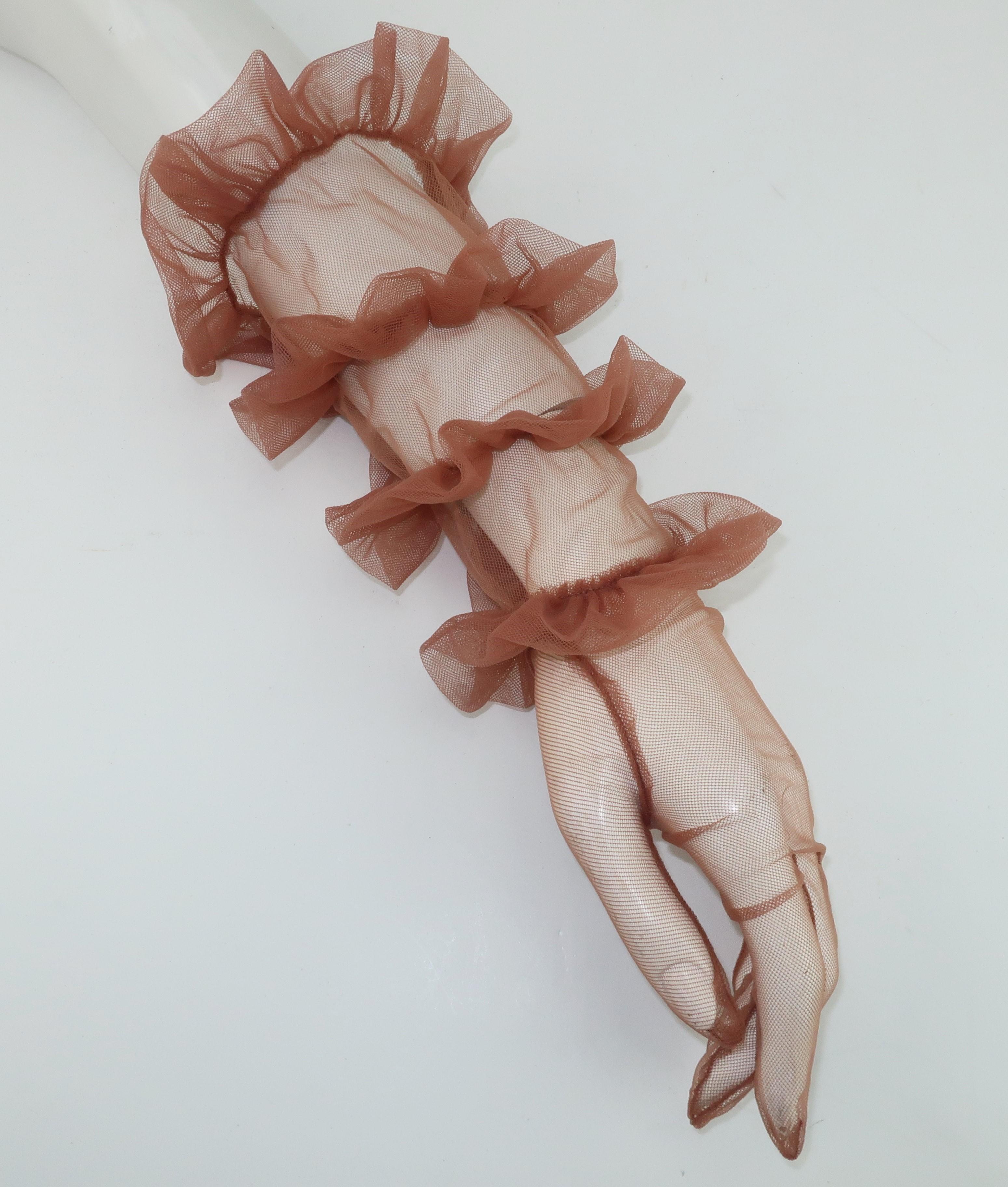 Women's 1950's Sheer Nude Long Ruffled Gloves