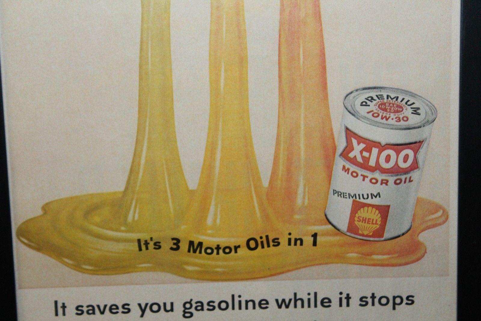 1950s Shell X-100 Motor Oil Paper Ad Framed In Fair Condition For Sale In Orange, CA