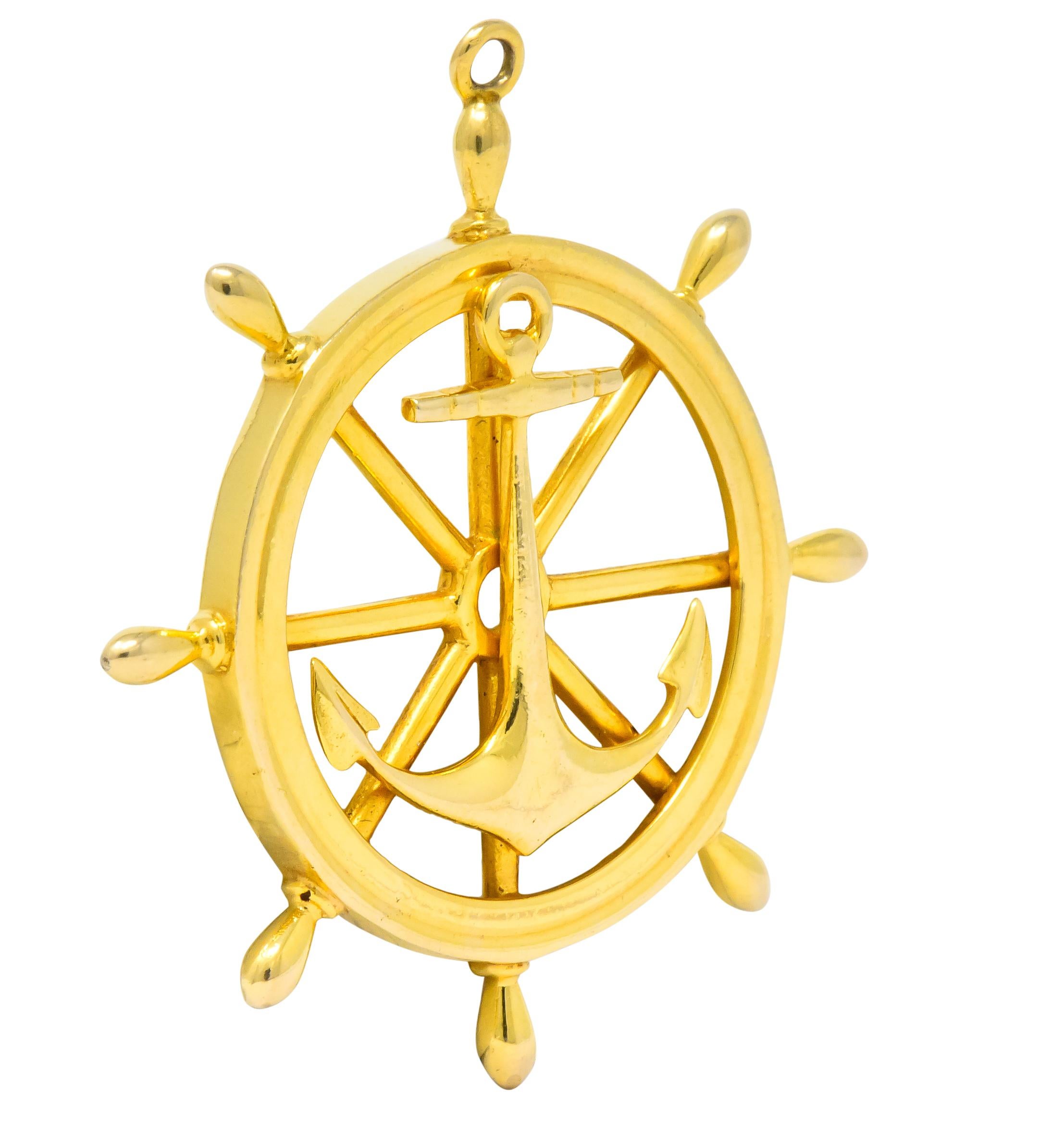 Retro 1950s Ship's Wheel 14 Karat Yellow Gold Nautical Pendant