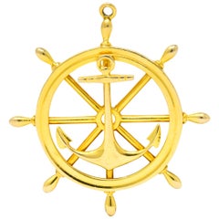 Vintage 1950s Ship's Wheel 14 Karat Yellow Gold Nautical Pendant