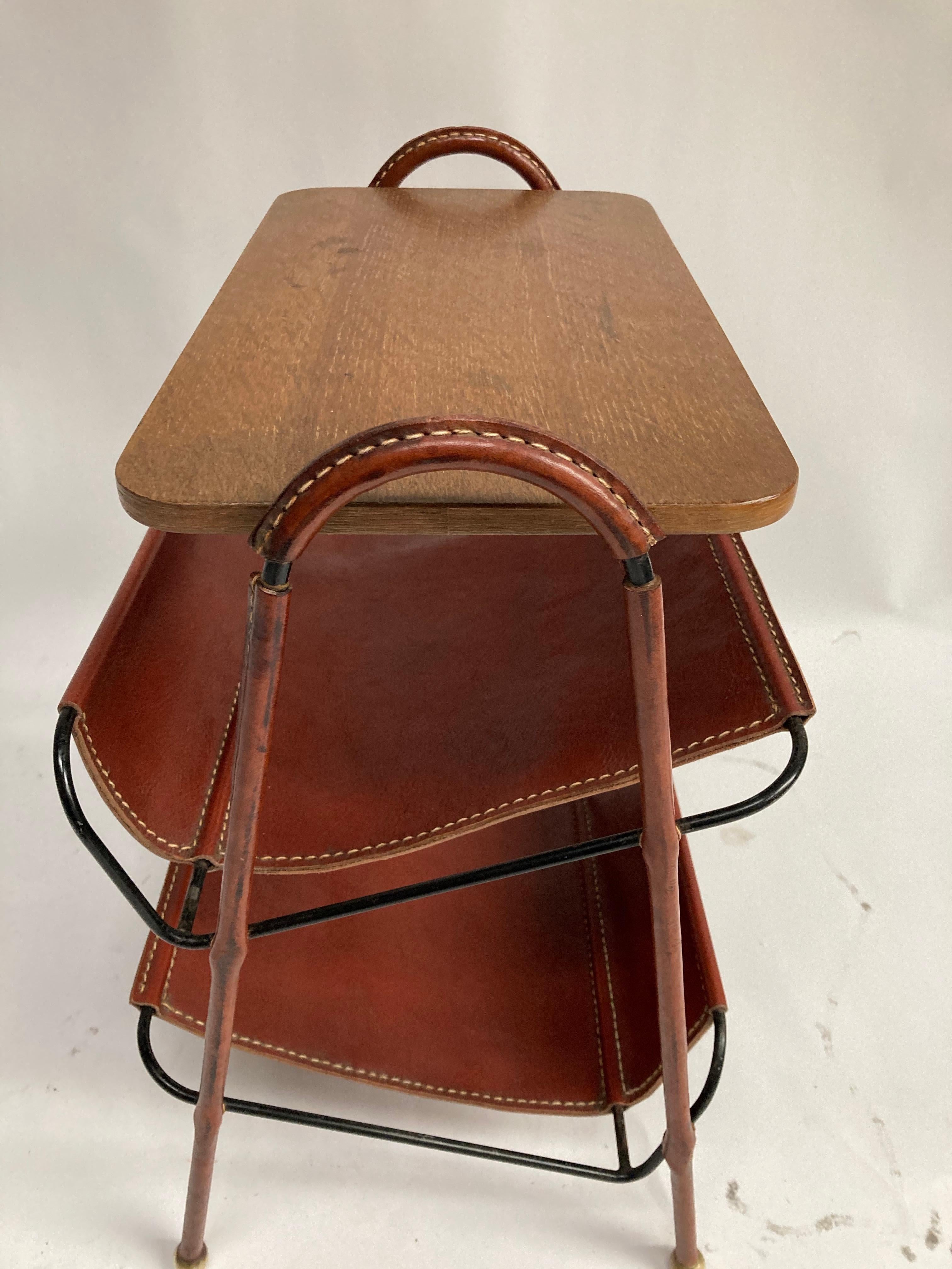 Leather 1950's Side Table or Magazine Rack by Jacques Adnet
