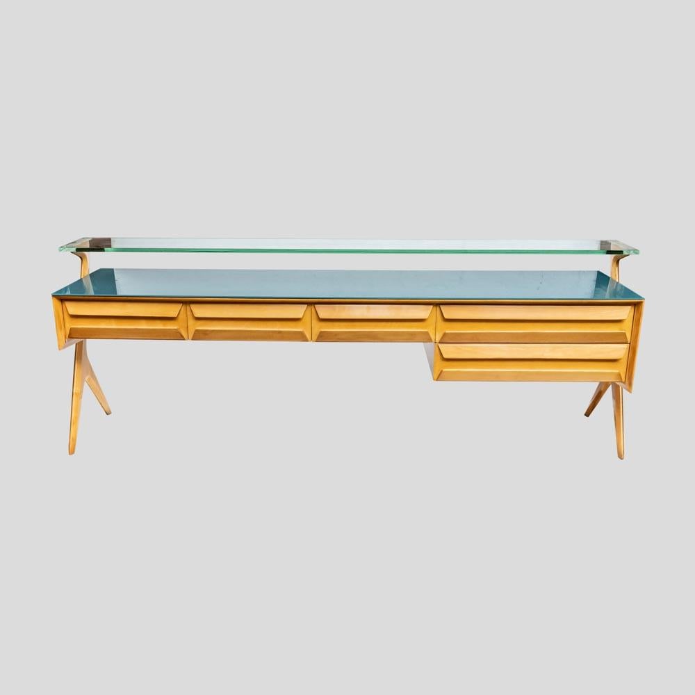 Mid-Century Modern 1950s Sideboard Birchwood Structure Glass Top Italian Design by Vittorio Dassi For Sale