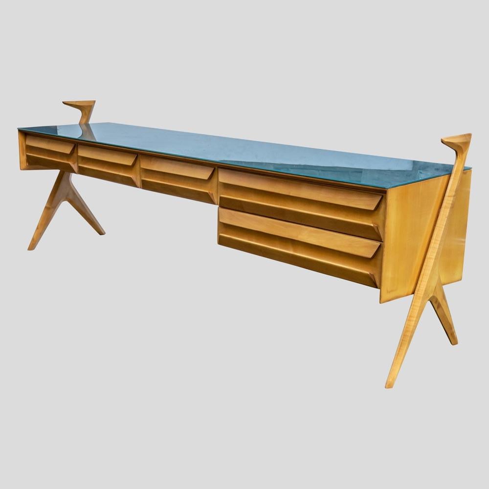 Mid-20th Century 1950s Sideboard Birchwood Structure Glass Top Italian Design by Vittorio Dassi For Sale
