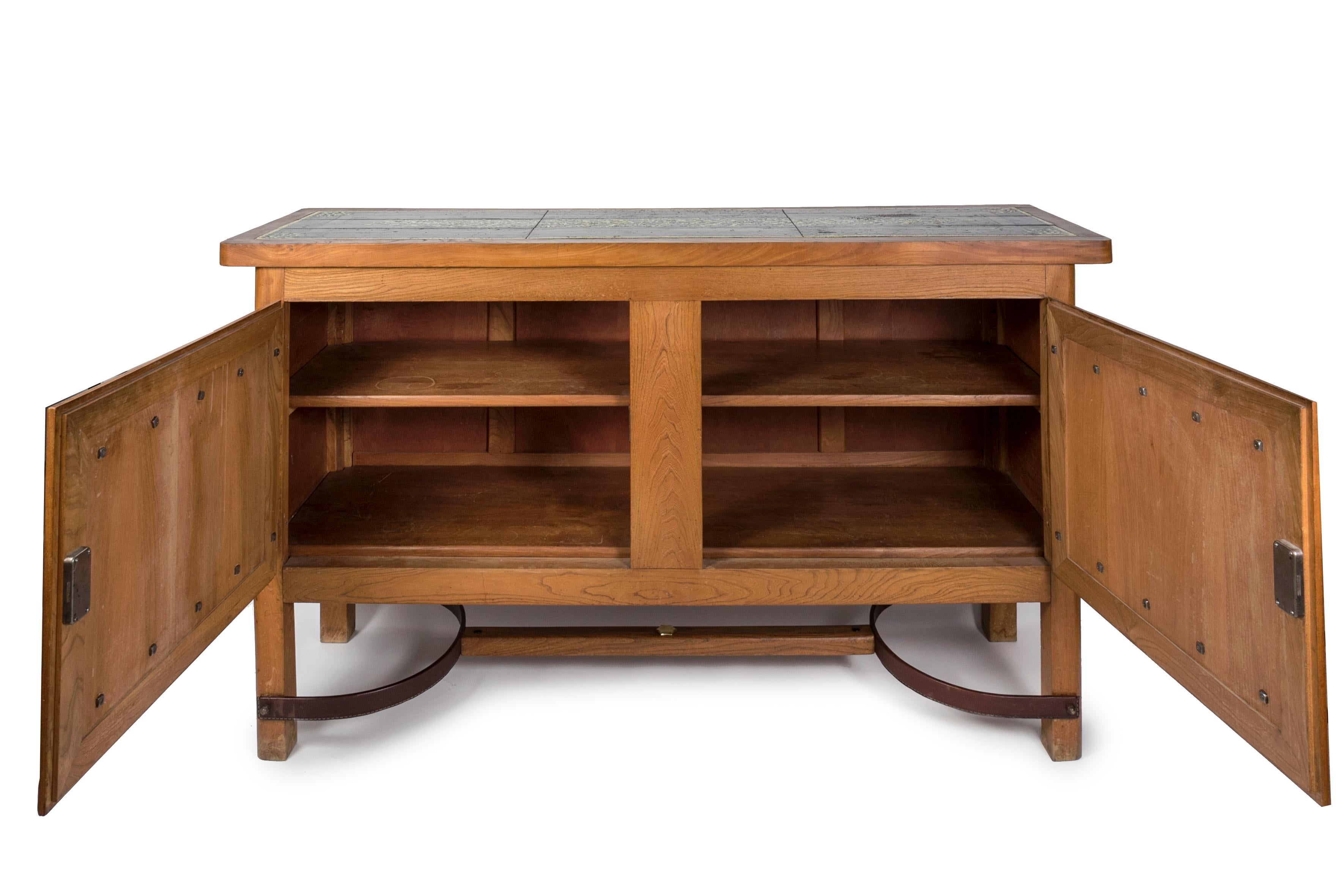1950's Sideboard in Oak, Stitched Leather and Ceramic by Jacques Adnet For Sale 7