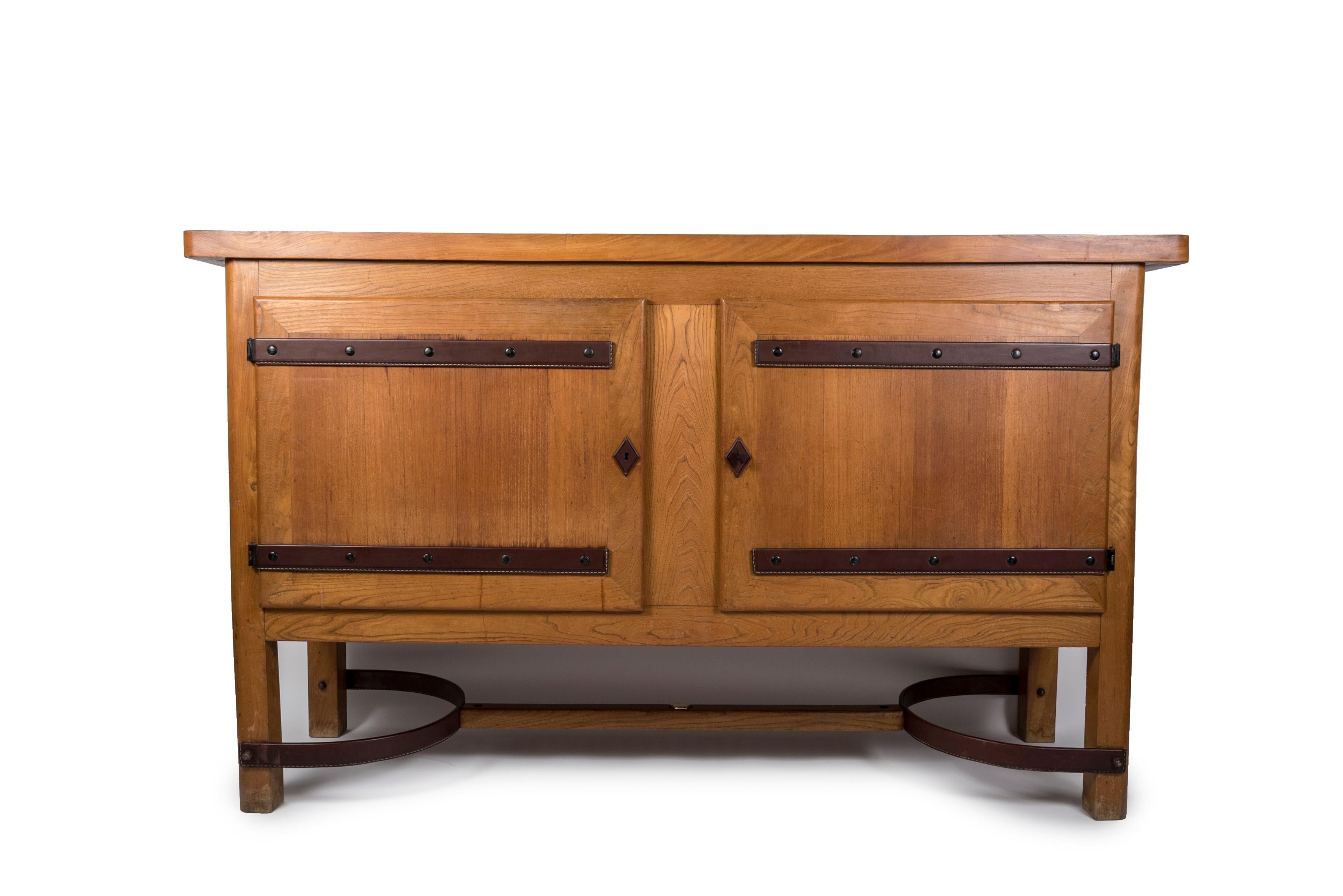 European 1950's Sideboard in Oak, Stitched Leather and Ceramic by Jacques Adnet For Sale