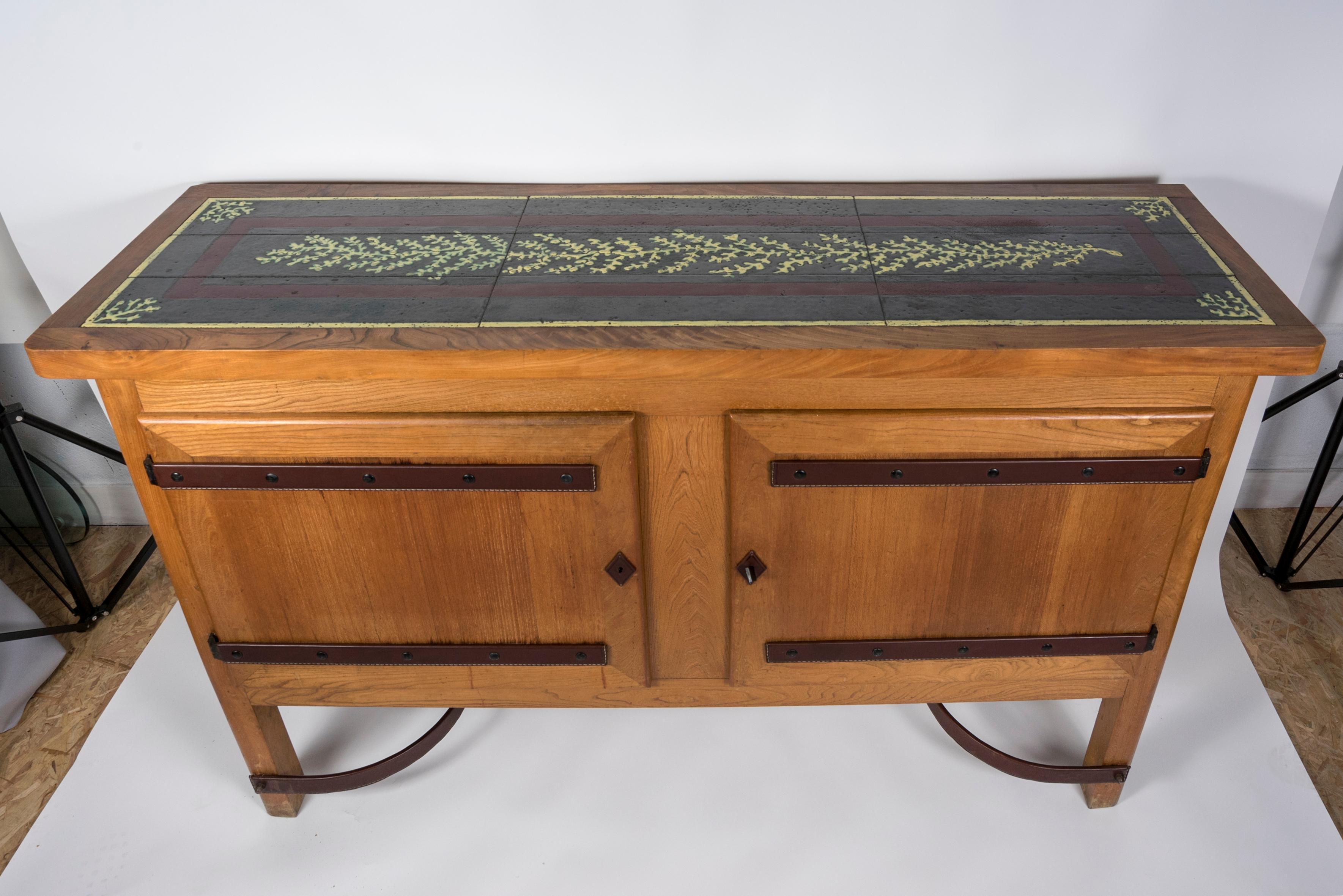 1950's Sideboard in Oak, Stitched Leather and Ceramic by Jacques Adnet For Sale 2