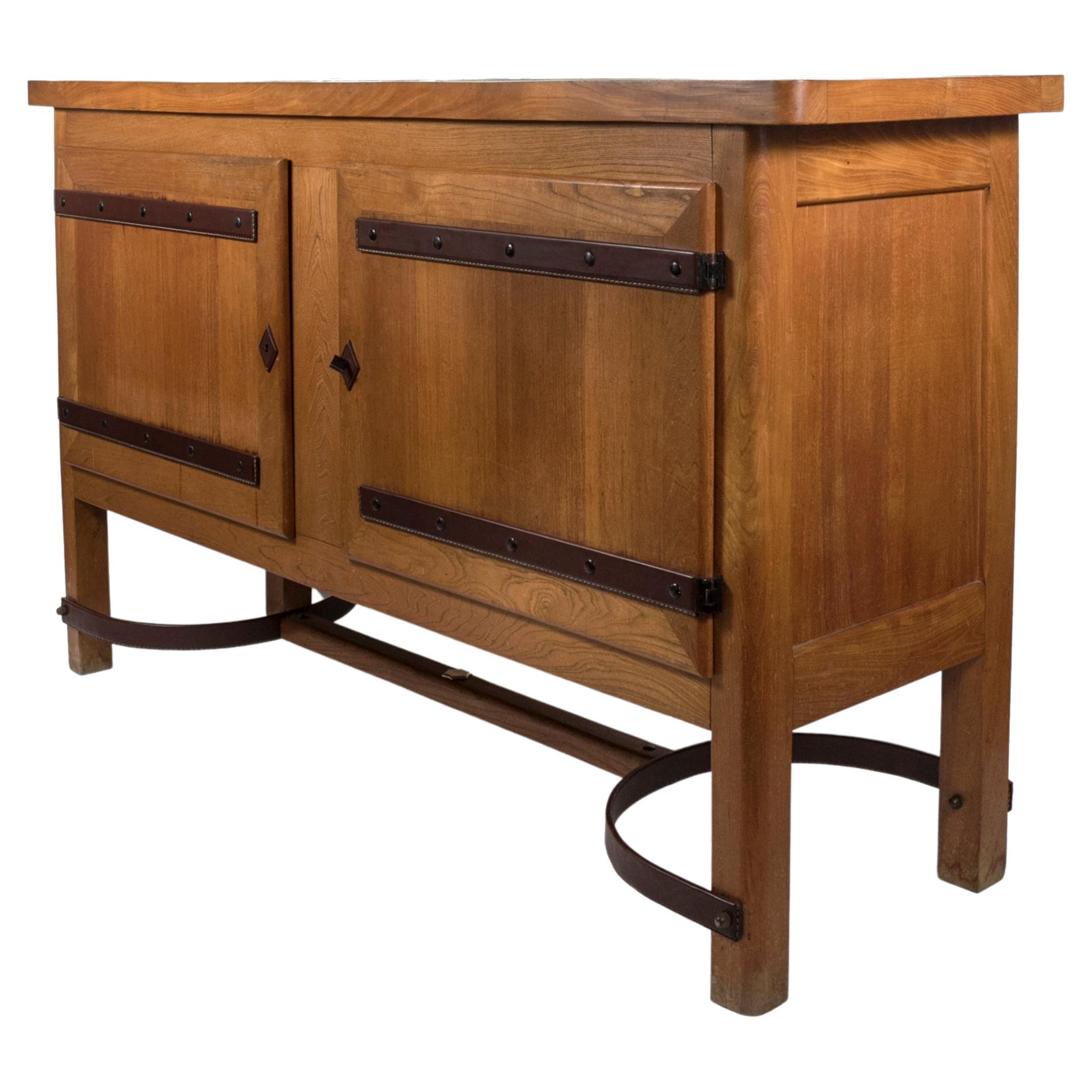 1950's Sideboard in Oak, Stitched Leather and Ceramic by Jacques Adnet For Sale