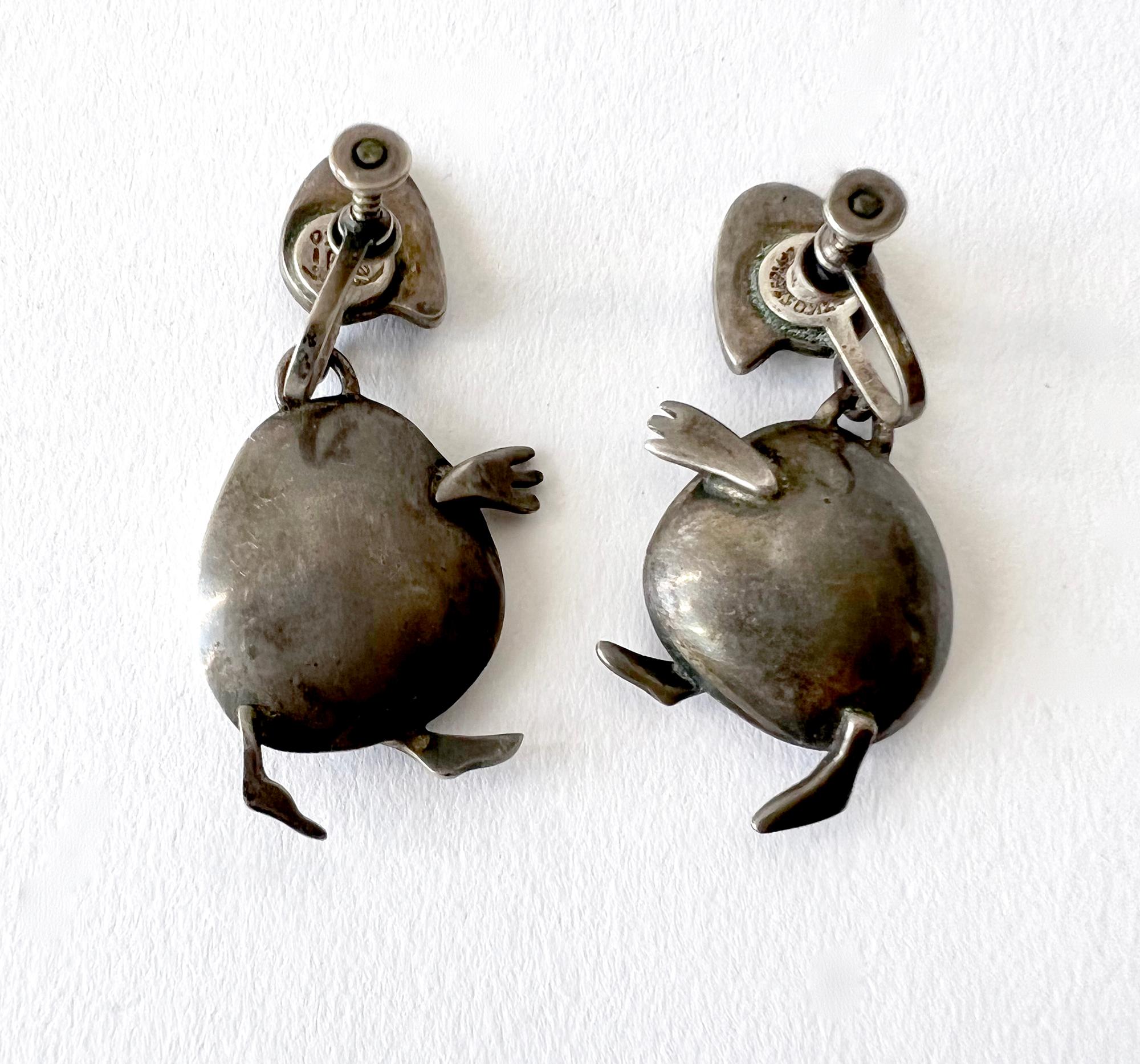 1950s Sigi Pineda Sterling Silver Mexican Modern Figural Earrings In Good Condition In Palm Springs, CA