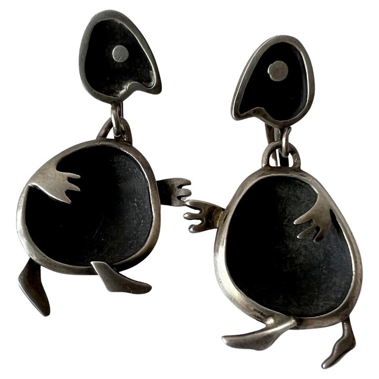 1950s Sigi Pineda Sterling Silver Mexican Modern Figural Earrings For Sale