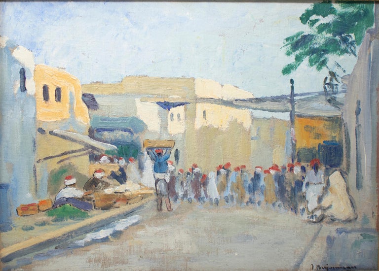 1950s signed Arab market orientalist oil on board painting.

Dimensions with frame: 52 x 61 x 2cm.