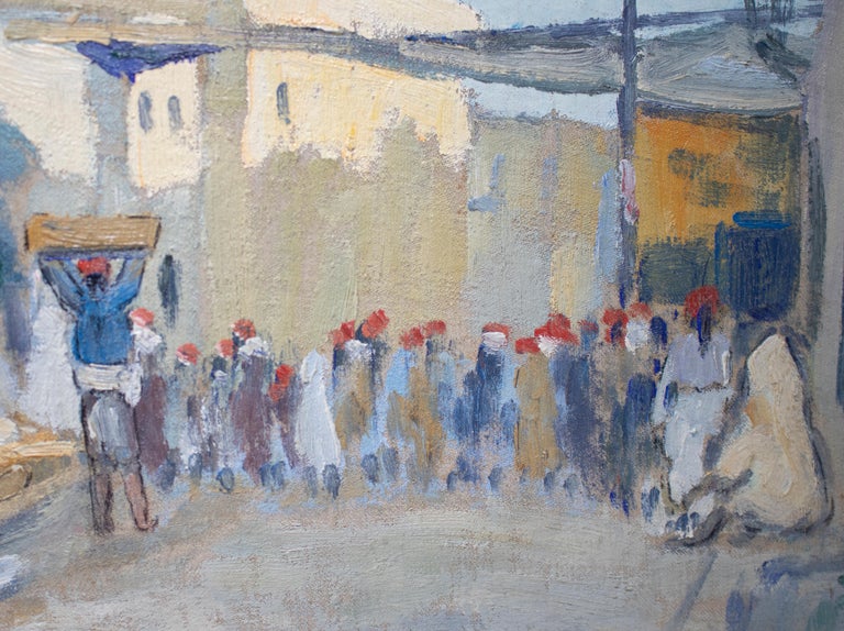 French 1950s Signed Arab Market Orientalist Oil on Board Painting For Sale