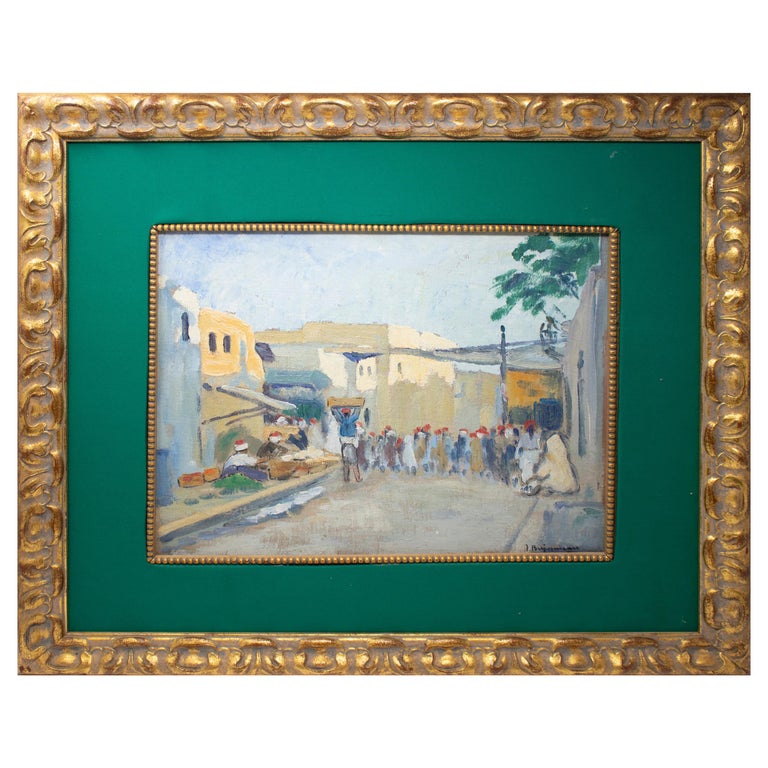 1950s Signed Arab Market Orientalist Oil on Board Painting For Sale