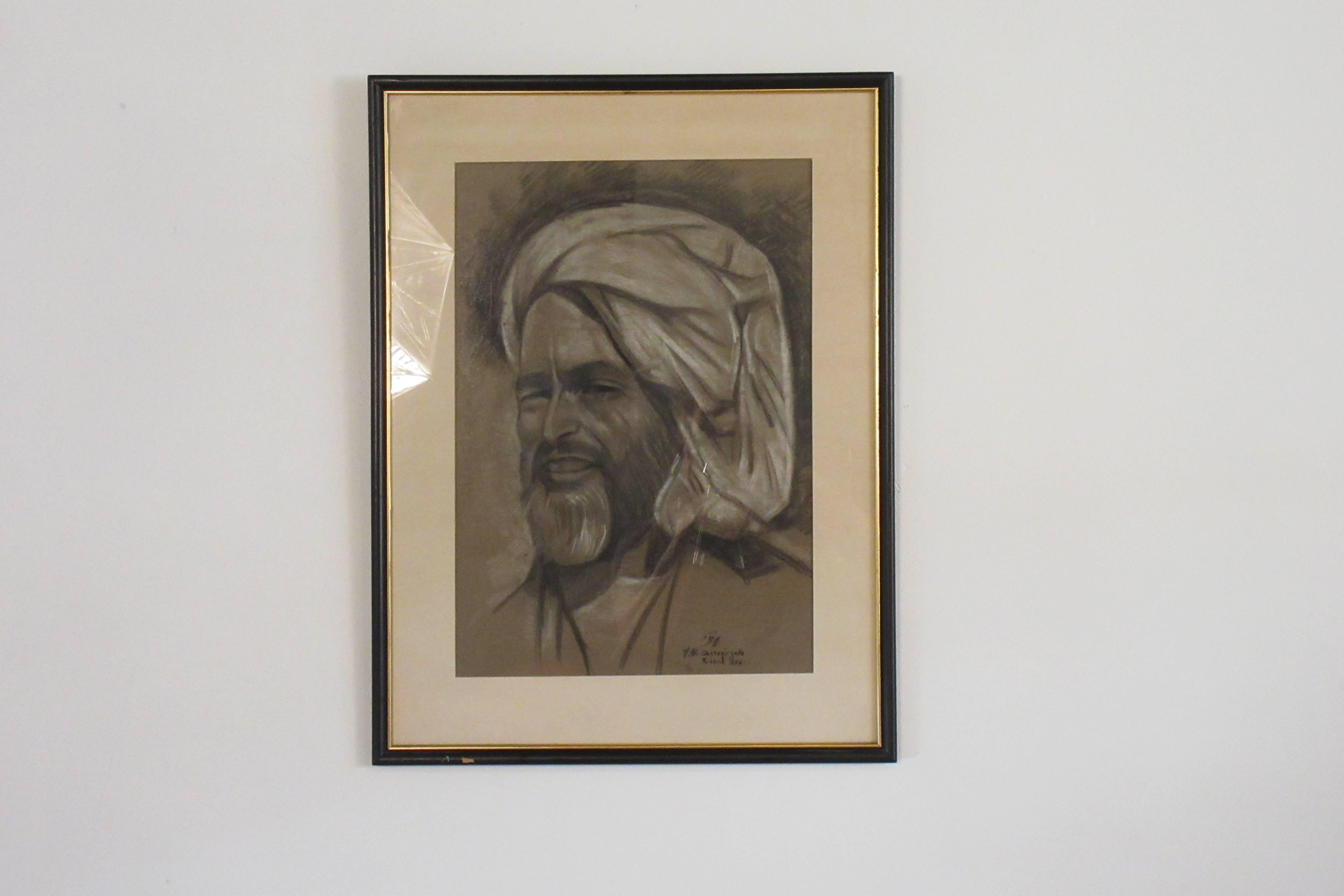 1950s signed charcoal picture of Arabian man.