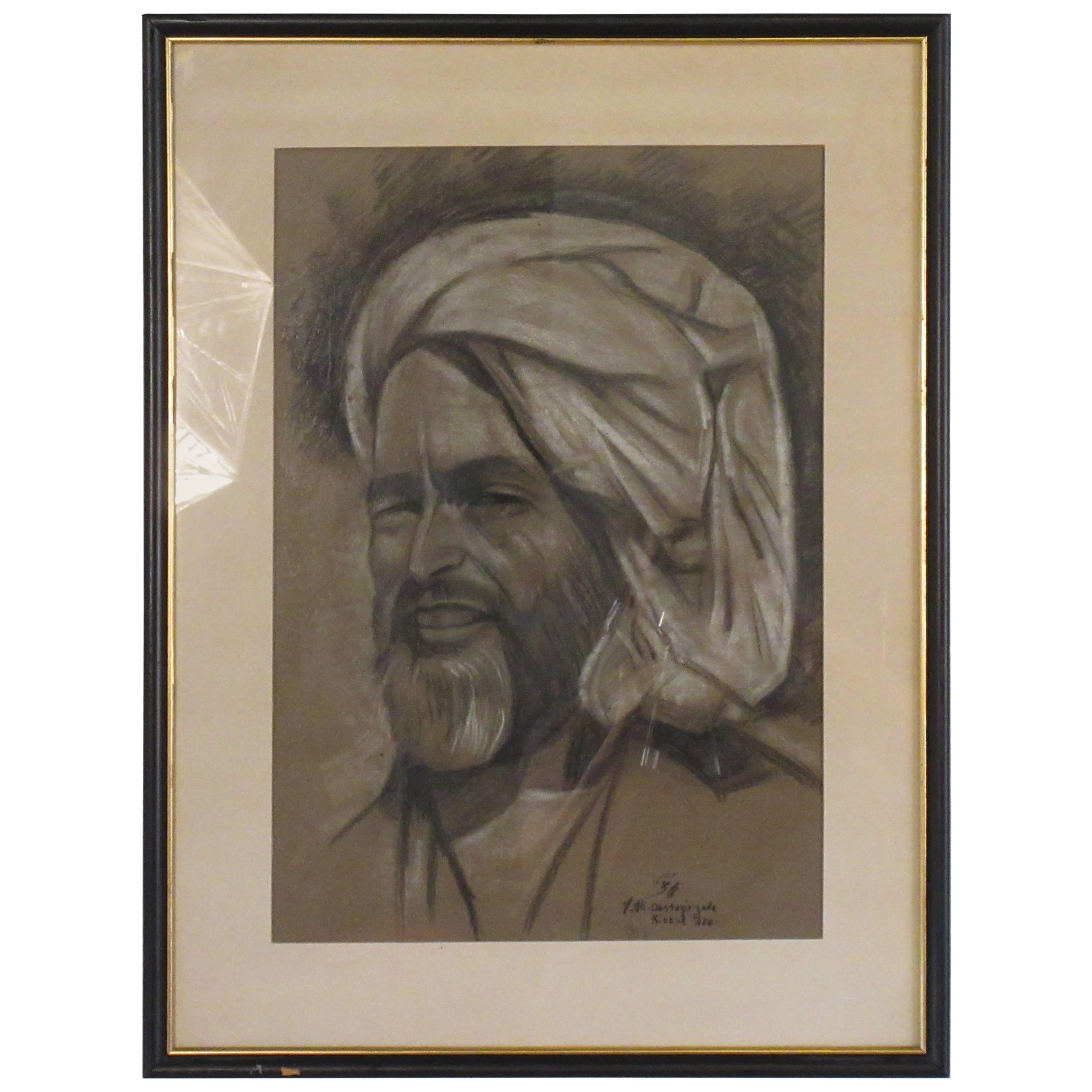 1950s Signed Charcoal Picture of Arabian Man
