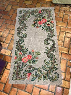 1950s Signed Hand-Hooked Folk Art Rug, Colorful Floral Design, USA