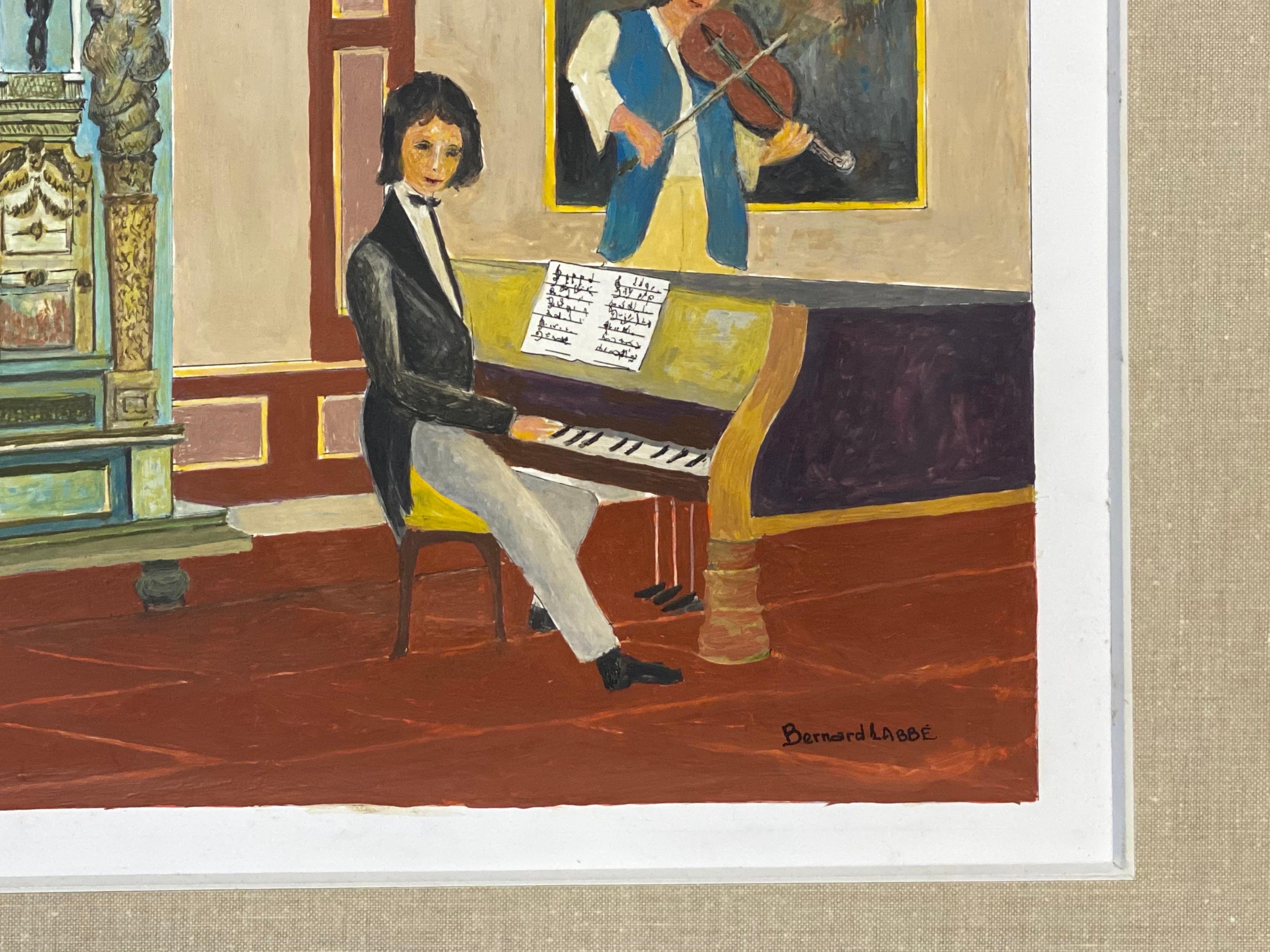 Moderne Peinture moderniste des années 1950 signée, scène d'intérieur de musicien et de violoniste en vente