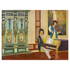 1950's Signed Modernist Painting, Pianist and Violin Player Interior Scene