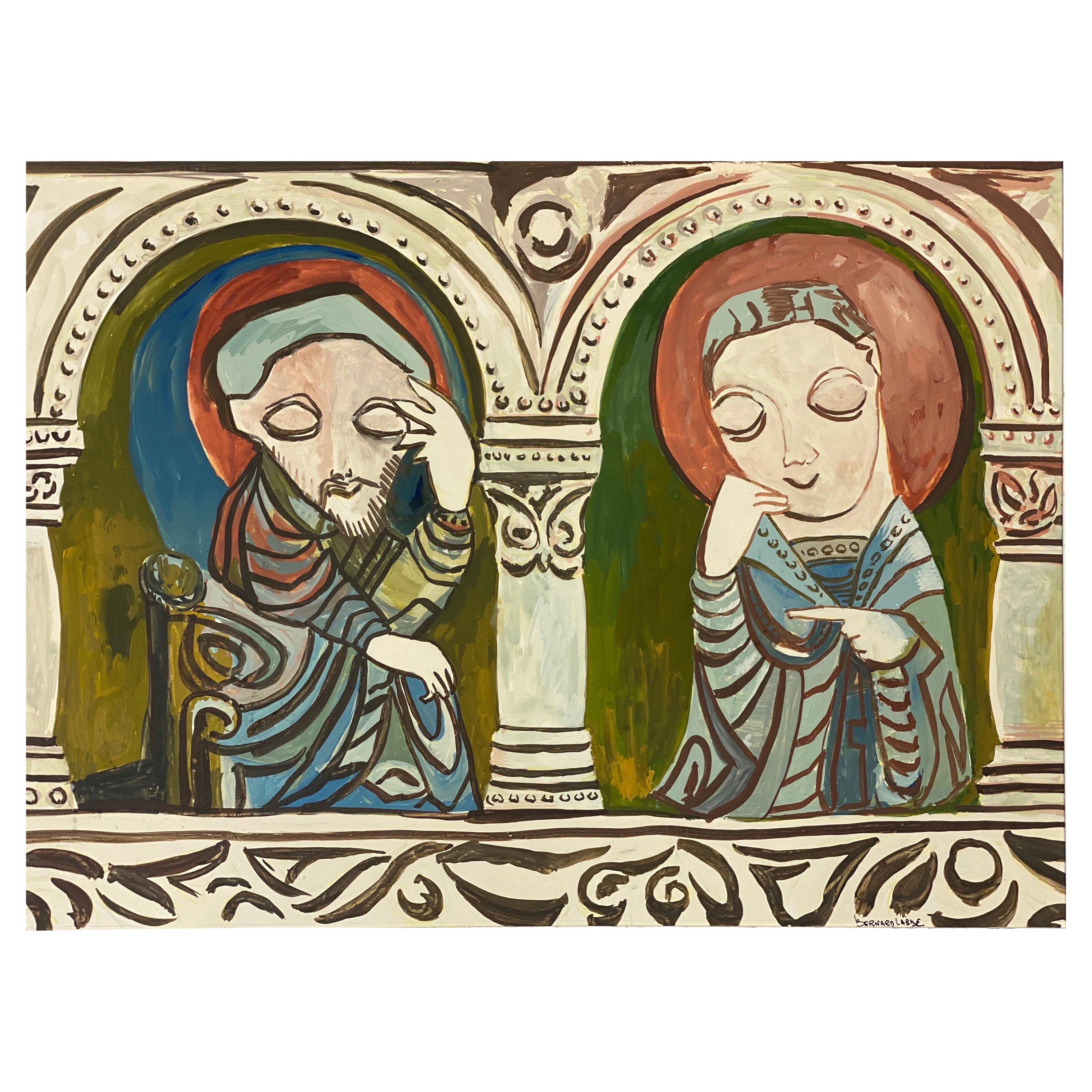 1950's Signed Modernist Painting, Two Caricature Figures