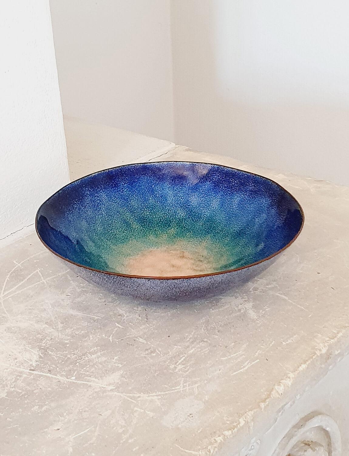 Enameled Italian Signed Paolo De Poli Blue and Turquoise Enamelled Copper Bowl, 1950