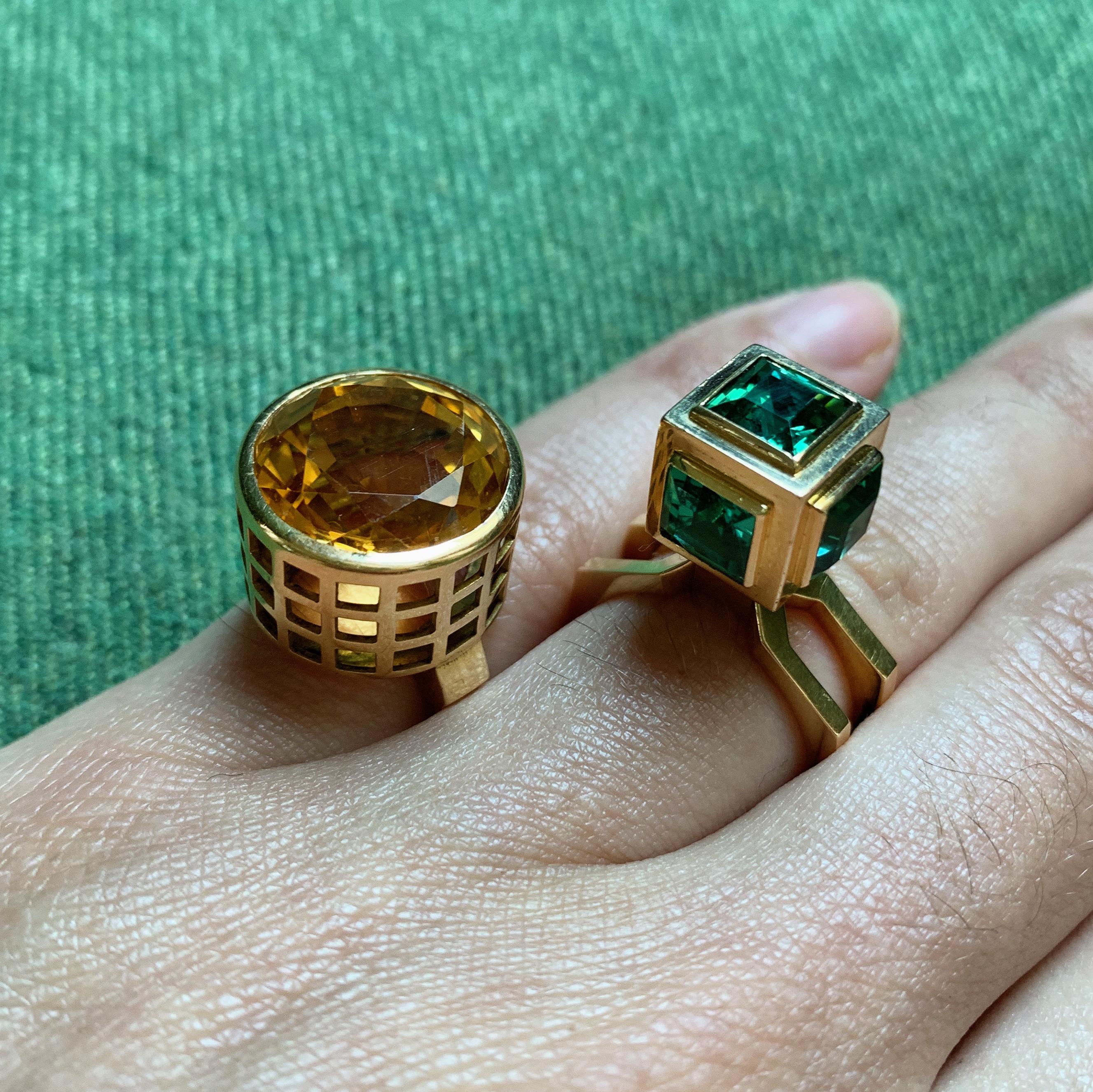 A citrine and 18 karat gold ring, by Sweden's most important and most versatile modernist designer, Sigurd Persson, c. 1955. 
This ring is a size 5 and stamped with maker marks SIGP, Swedish hallmarks, and 18k.  It is highly collectible and comes