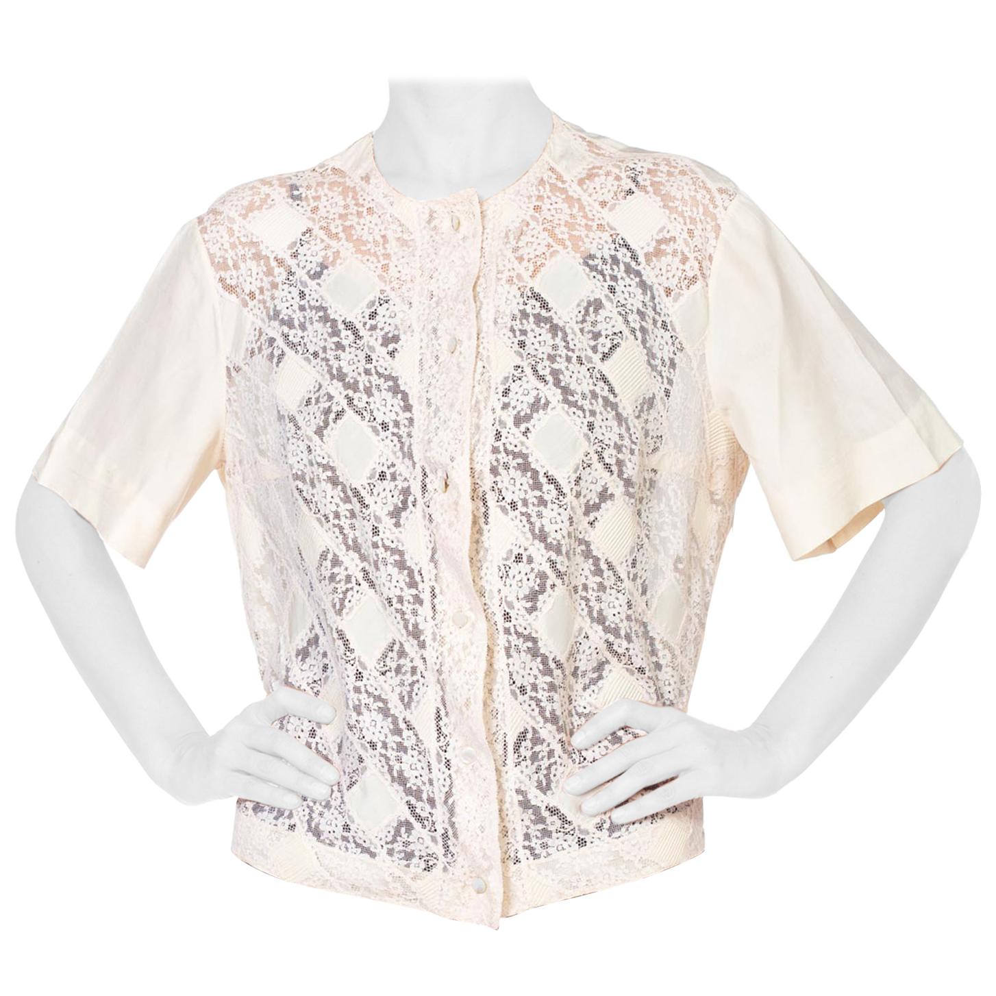 1950'S Cream Silk & Cotton Lace Patchwork Top With Antique Mother Of Pearl Butt