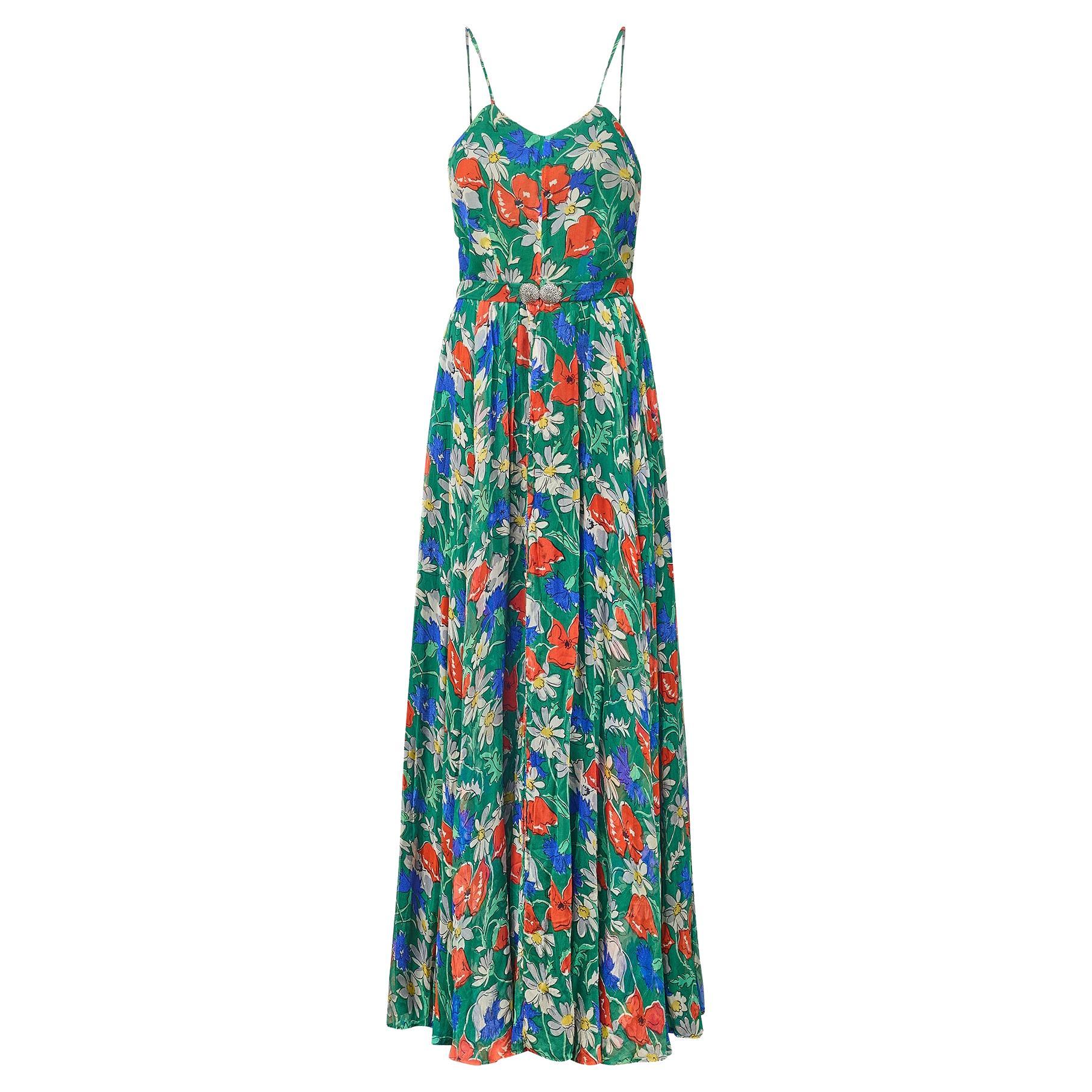 1950s Silk Chiffon Floral Print Maxi Dress with Belt For Sale