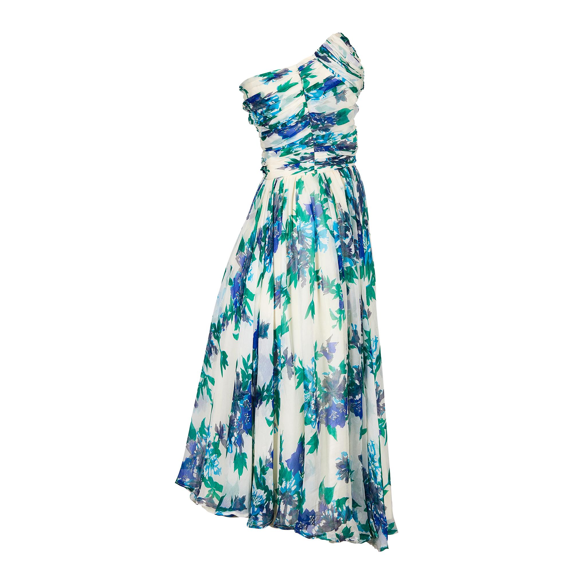 Blue 1950s Silk Floral Dress with Scarf