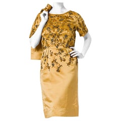 1950S CHRISTIAN DIOR Style Gold Haute Couture Silk Duchess Satin Beaded Cocktai