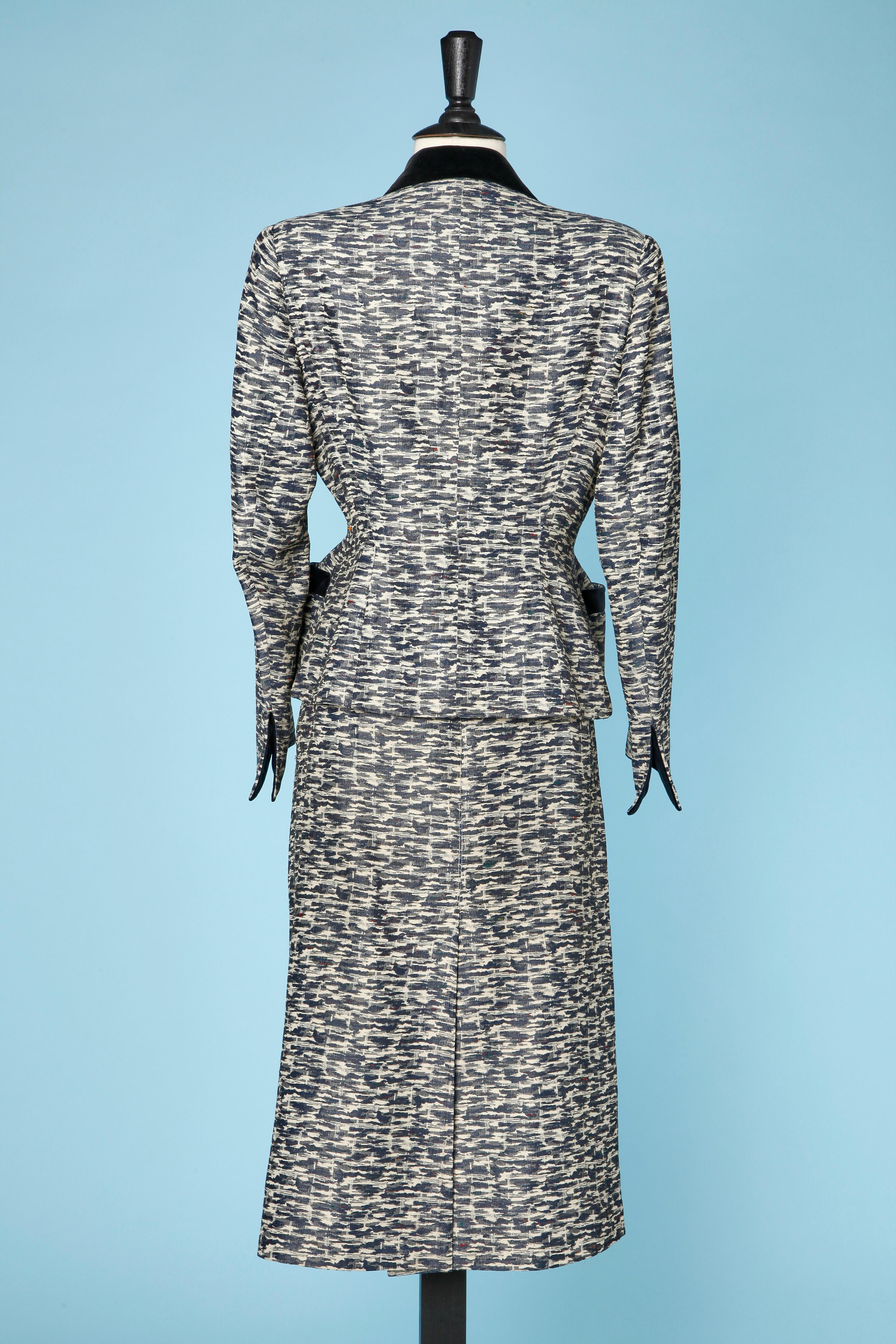 Women's 1950's silk jacquard and velvet skirt suit Jacques Fath Paris For Sale