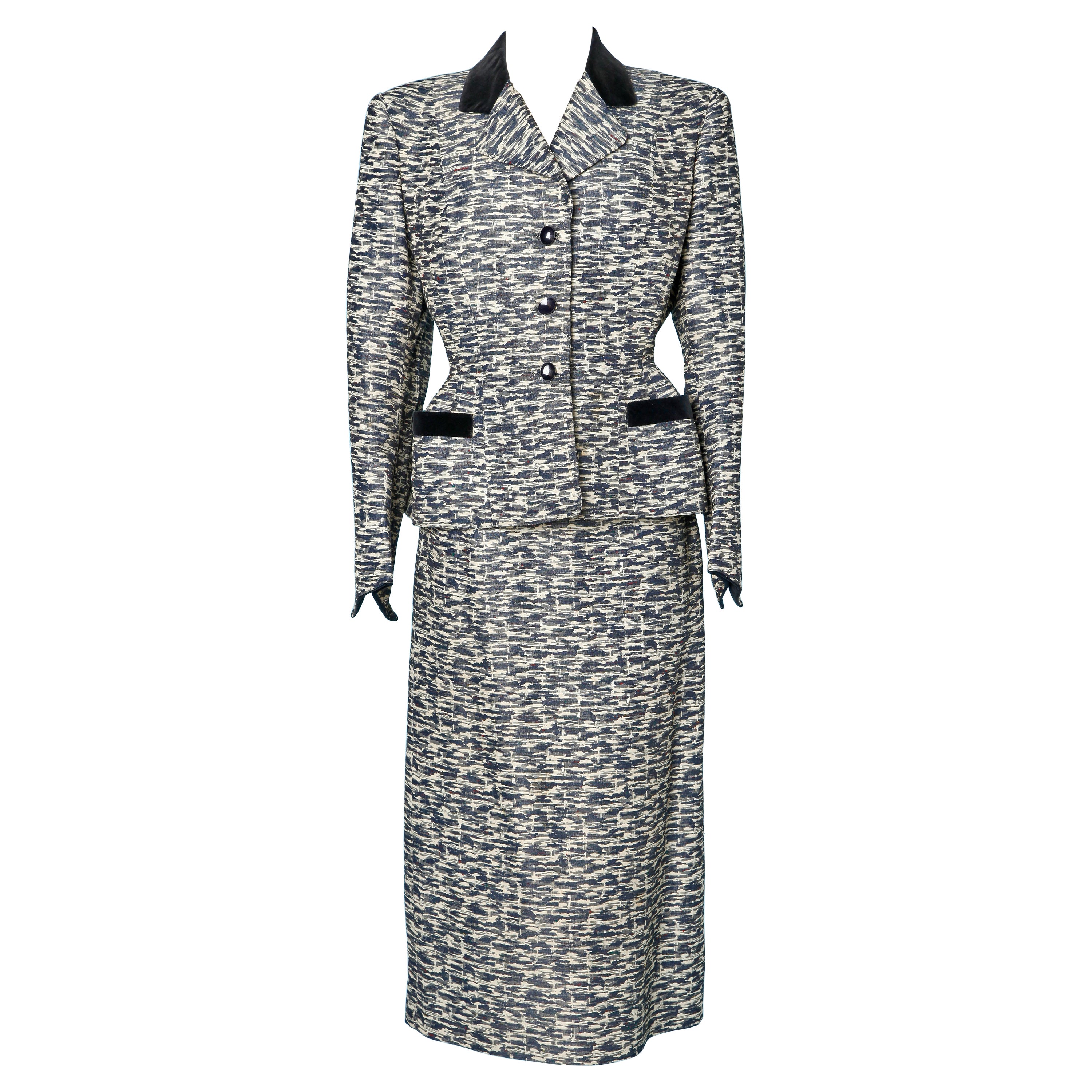 Traje de falda de los años 50 en jacquard de seda y terciopelo Jacques Fath Paris